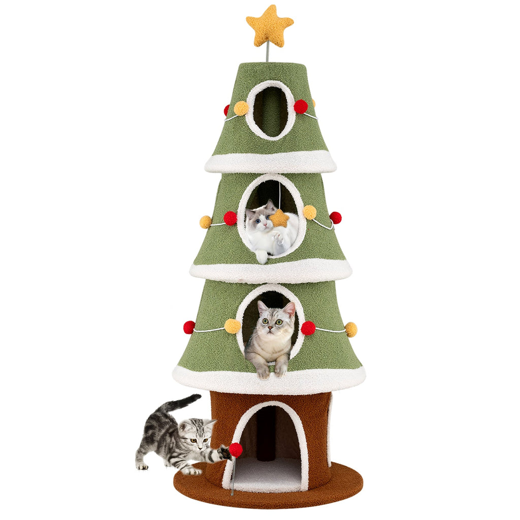 Large Christmas Cat Tree for Indoor Cats 61 Inch Cute Cat Tower with 4 Condos-Green - Majestic Pet Kingdom