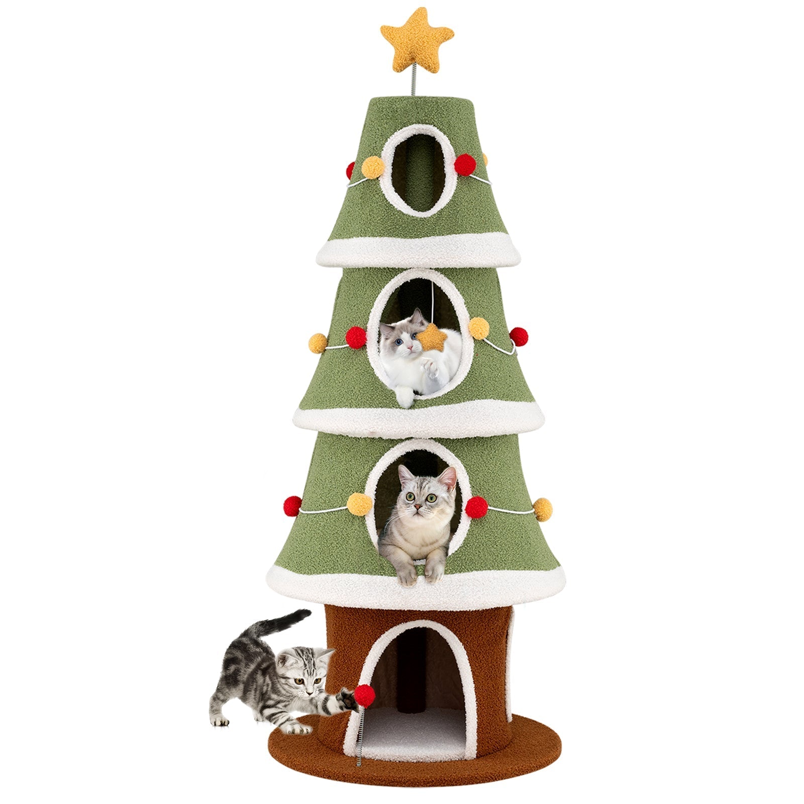 Large Christmas Cat Tree for Indoor Cats 61 Inch Cute Cat Tower with 4 Condos-Green - Majestic Pet Kingdom