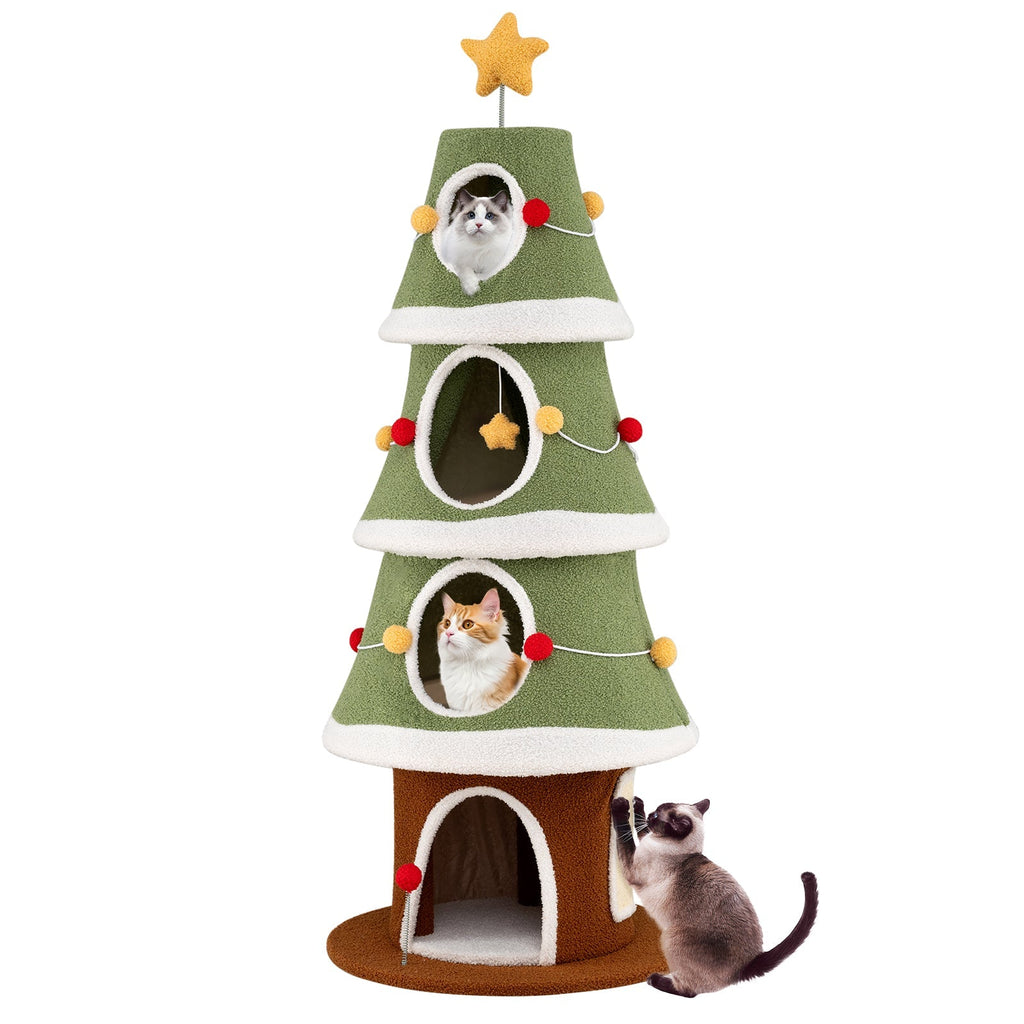 Large Christmas Cat Tree for Indoor Cats 61 Inch Cute Cat Tower with 4 Condos-Green - Majestic Pet Kingdom