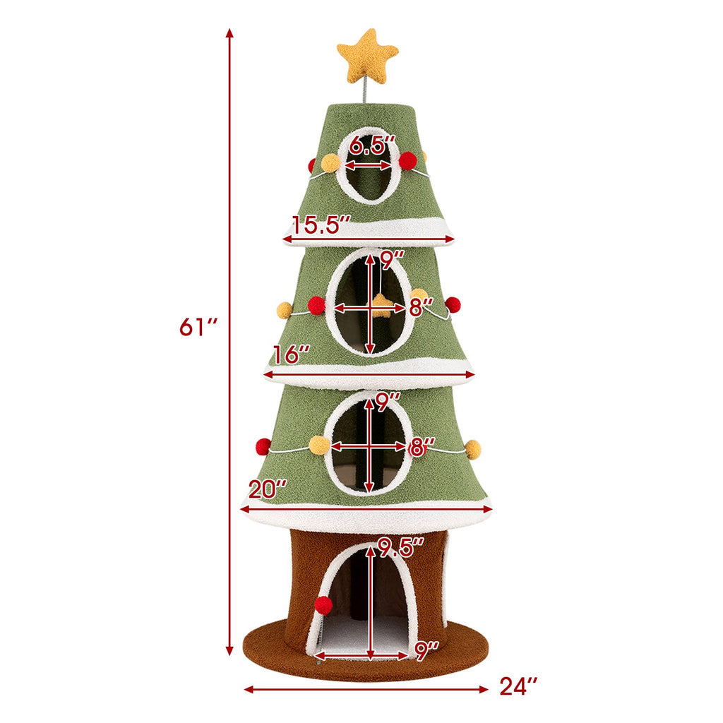 Large Christmas Cat Tree for Indoor Cats 61 Inch Cute Cat Tower with 4 Condos-Green - Majestic Pet Kingdom