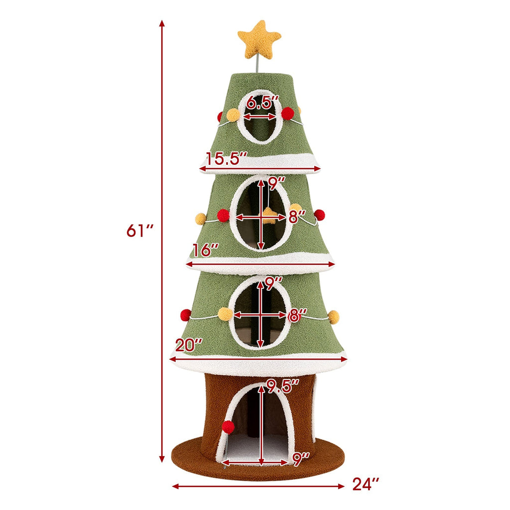 Large Christmas Cat Tree for Indoor Cats 61 Inch Cute Cat Tower with 4 Condos-Green - Majestic Pet Kingdom