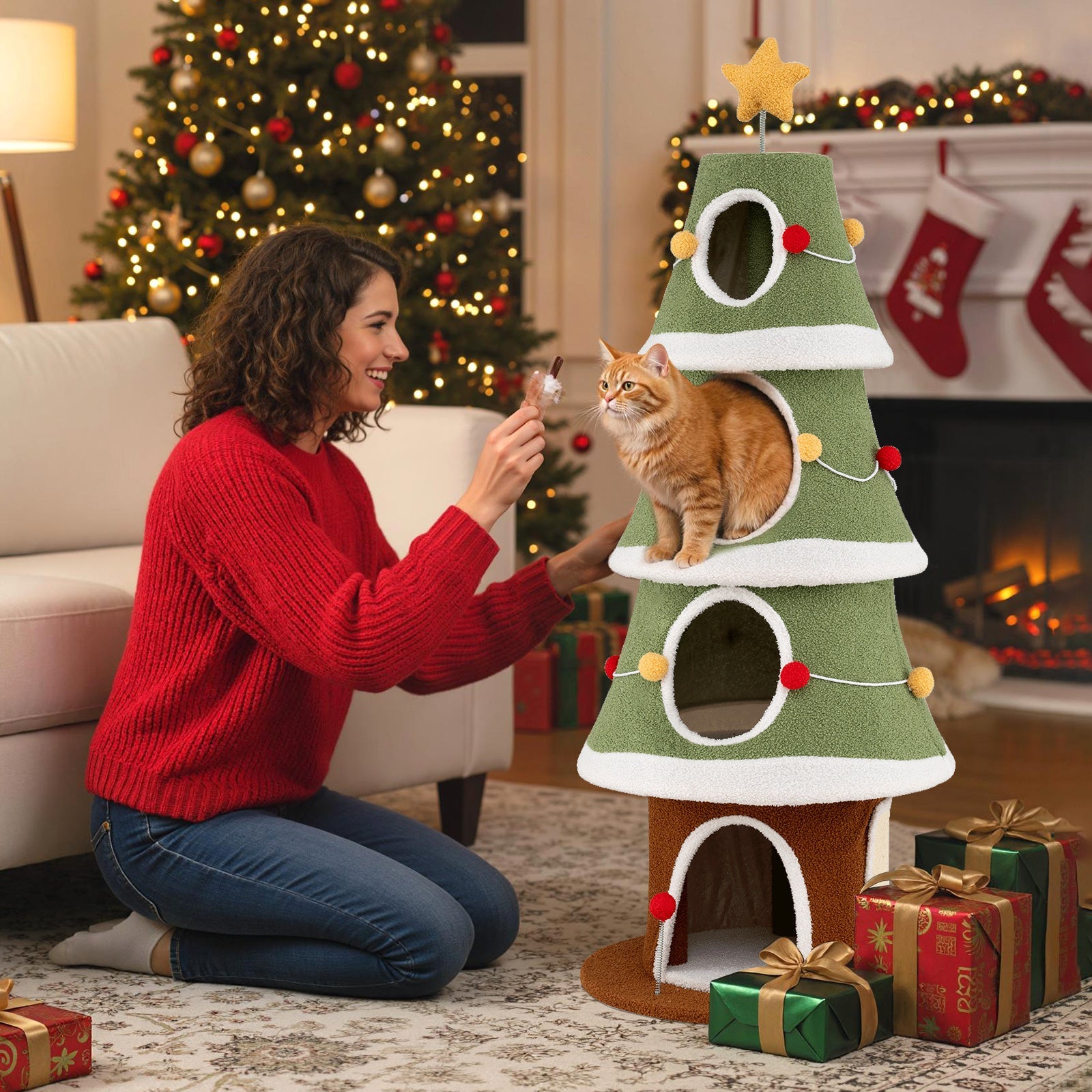 Large Christmas Cat Tree for Indoor Cats 61 Inch Cute Cat Tower with 4 Condos-Green - Majestic Pet Kingdom