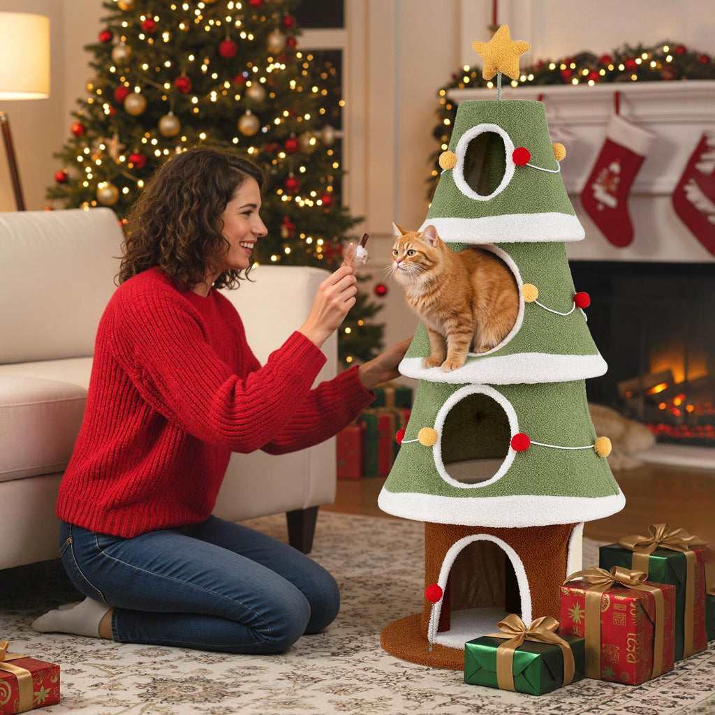Large Christmas Cat Tree for Indoor Cats 61 Inch Cute Cat Tower with 4 Condos-Green - Majestic Pet Kingdom