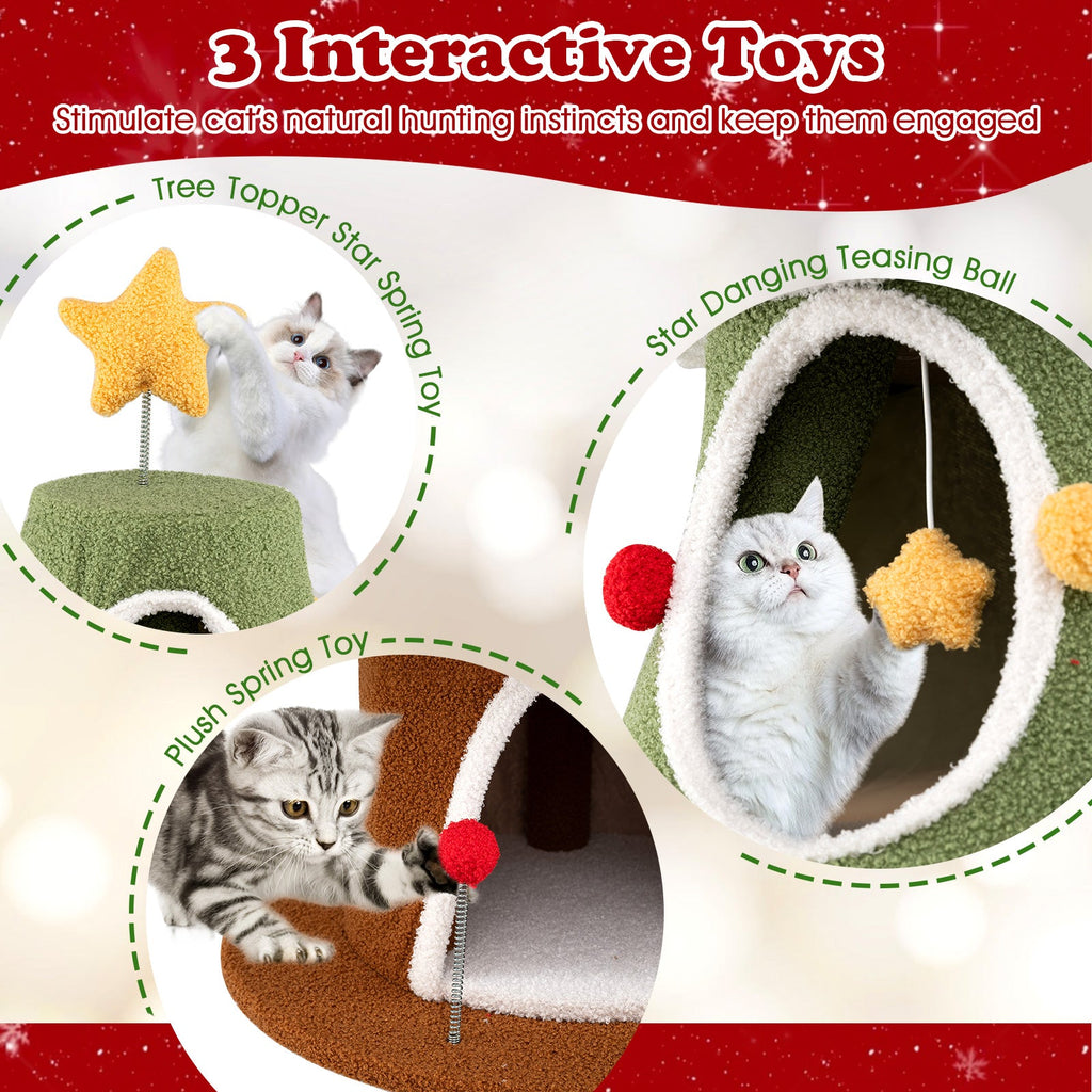 Large Christmas Cat Tree for Indoor Cats 61 Inch Cute Cat Tower with 4 Condos-Green - Majestic Pet Kingdom