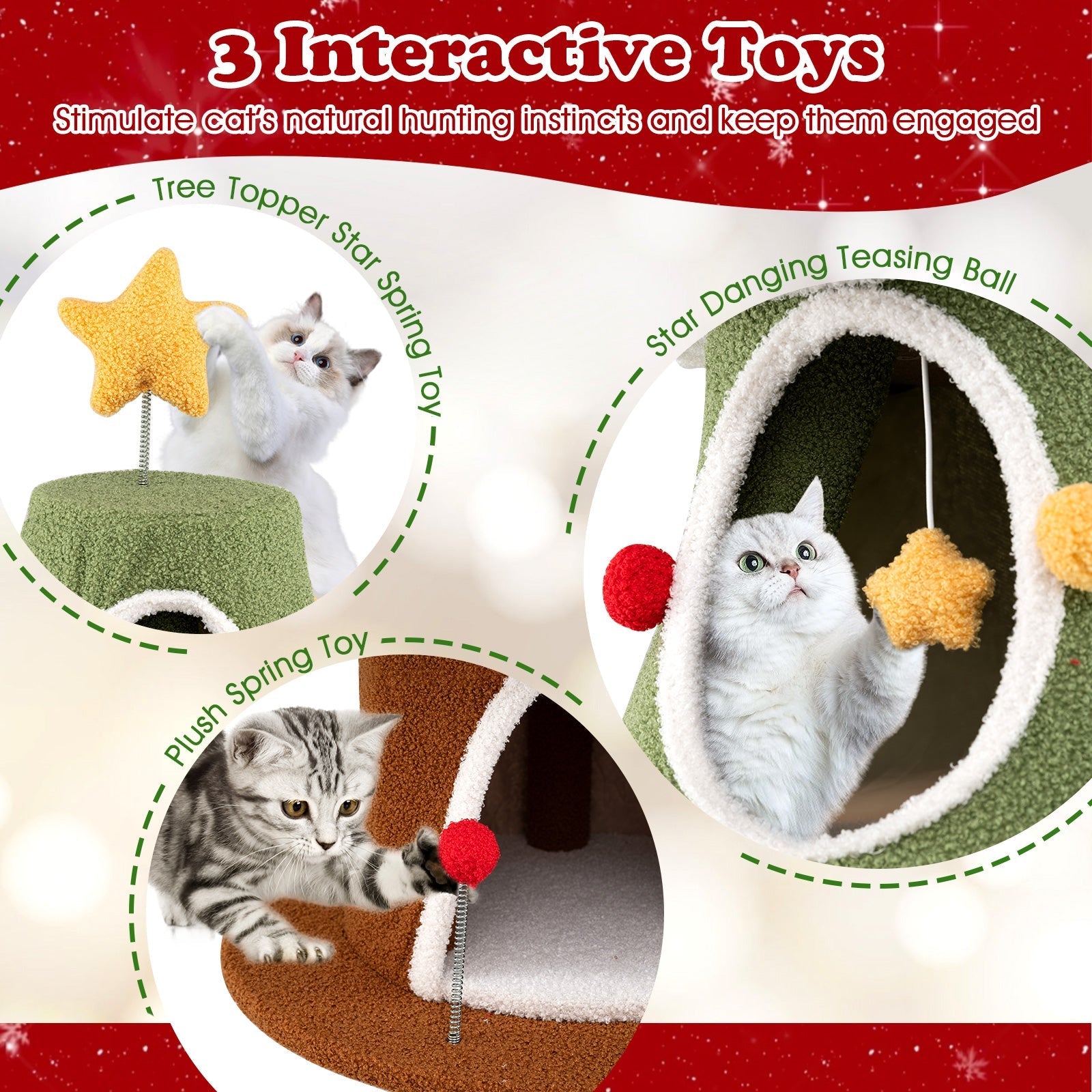 Large Christmas Cat Tree for Indoor Cats 61 Inch Cute Cat Tower with 4 Condos-Green - Majestic Pet Kingdom