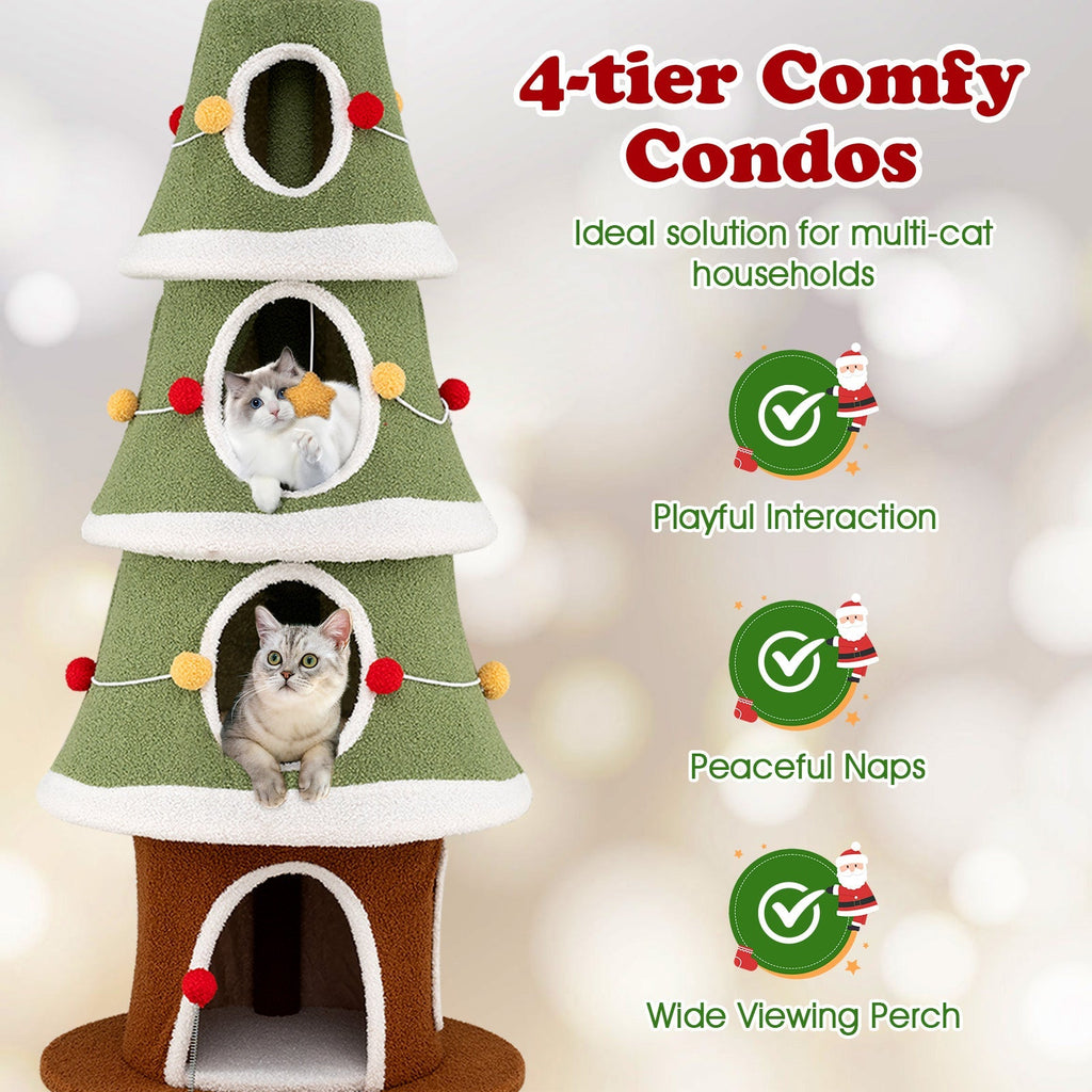 Large Christmas Cat Tree for Indoor Cats 61 Inch Cute Cat Tower with 4 Condos-Green - Majestic Pet Kingdom