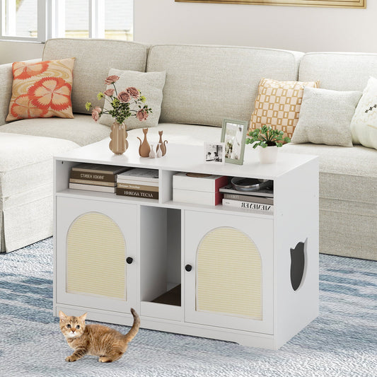 43 Inches Cat Litter Box Enclosure with Storage and Double Rooms-White | Purrfect Pet Kingdom