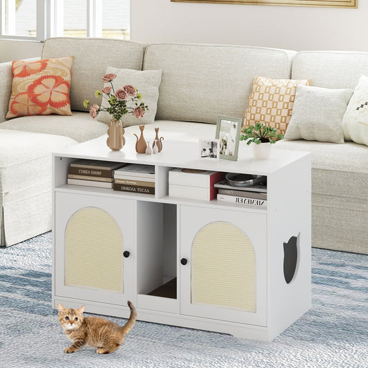 43 Inches Cat Litter Box Enclosure with Storage and Double Rooms-White | Purrfect Pet Kingdom