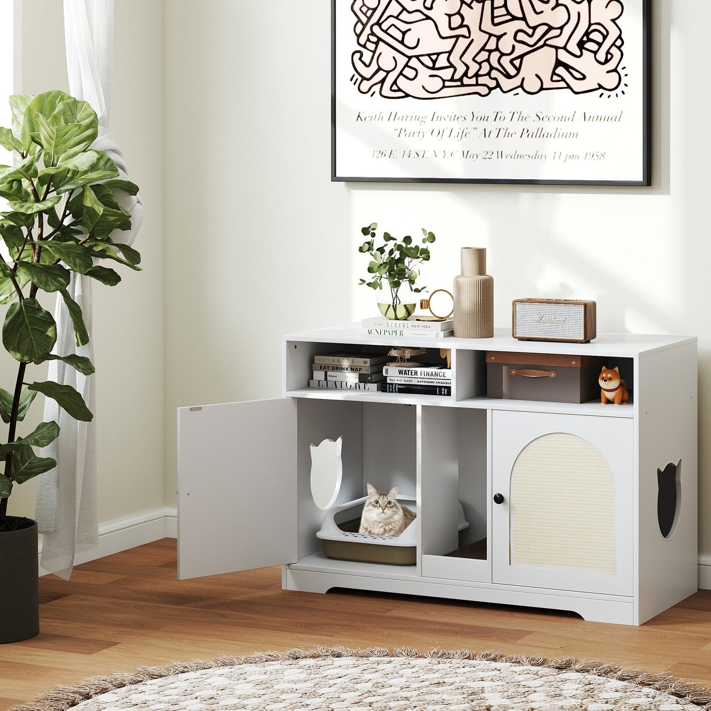 Cat Litter Box Enclosure 43-Inch Double Rooms Storage White - Detail Angle 2 | Majestic Pet Kingdom