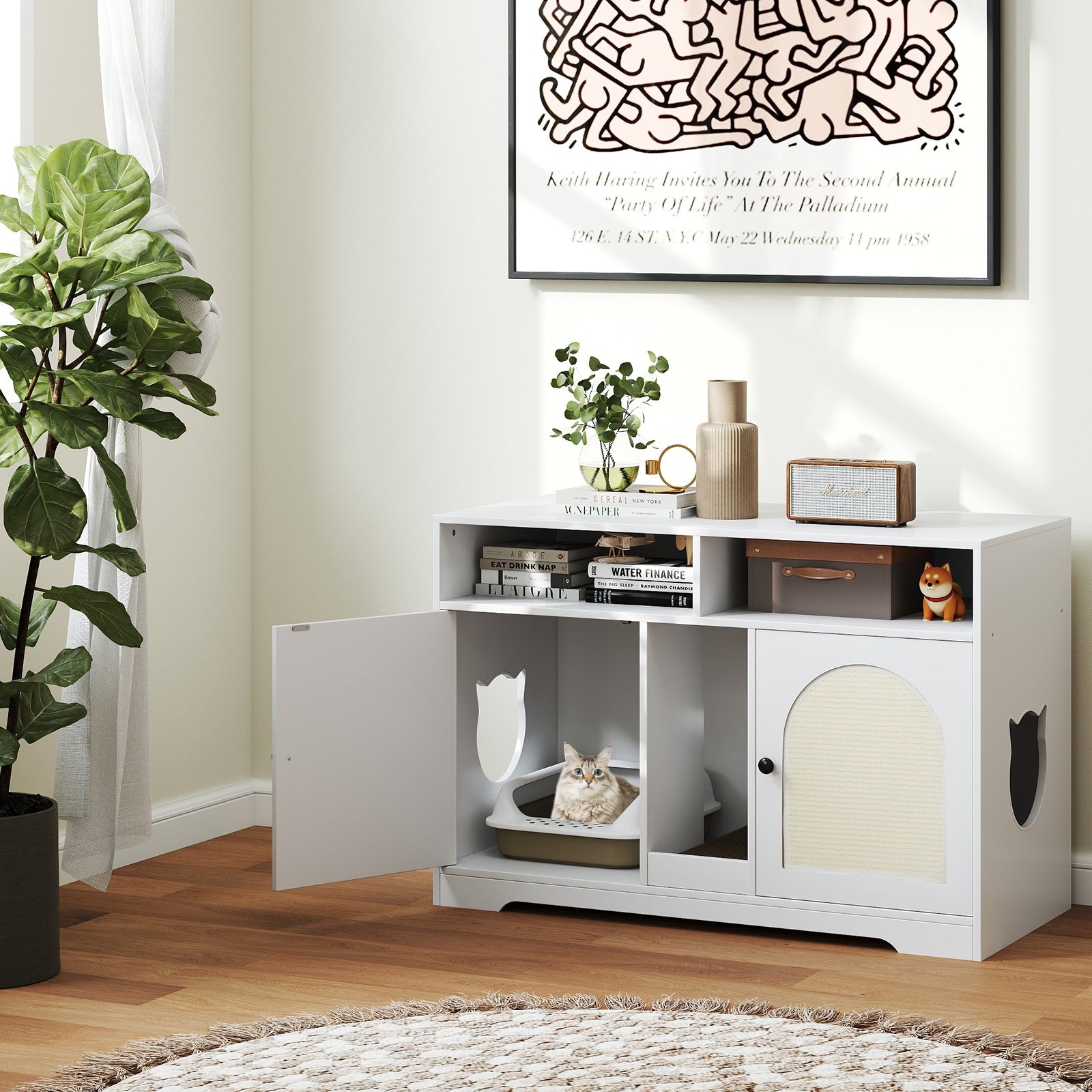 Cat Litter Box Enclosure 43-Inch Double Rooms Storage White - Detail Angle 2 | Majestic Pet Kingdom