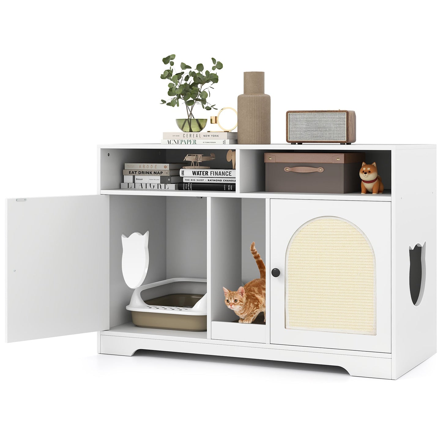 Cat Litter Box Enclosure 43-Inch Double Rooms Storage White - Detail Angle 3 | Majestic Pet Kingdom