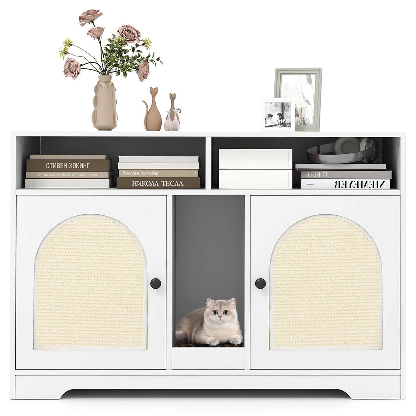 Cat Litter Box Enclosure 43-Inch Double Rooms Storage White - Detail Angle 4 | Majestic Pet Kingdom
