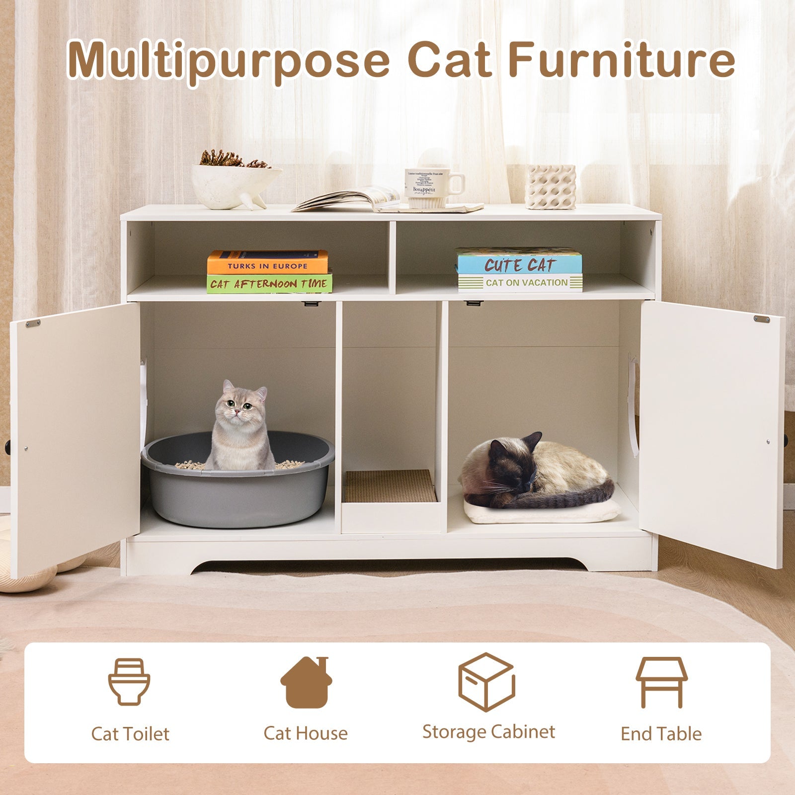 Cat Litter Box Enclosure 43-Inch Double Rooms Storage White - Detail Angle 6 | Majestic Pet Kingdom