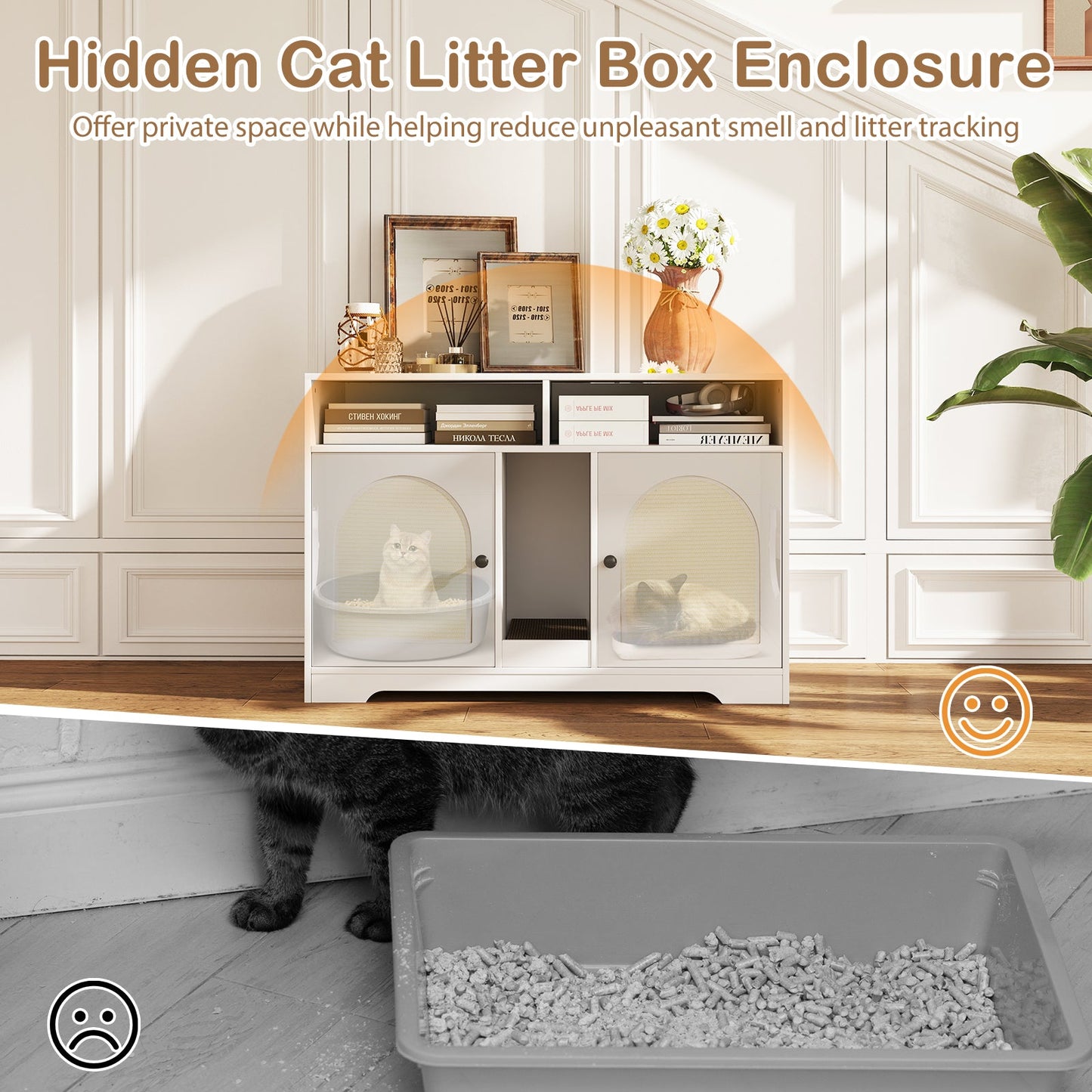 Cat Litter Box Enclosure 43-Inch Double Rooms Storage White - Detail Angle 7 | Majestic Pet Kingdom