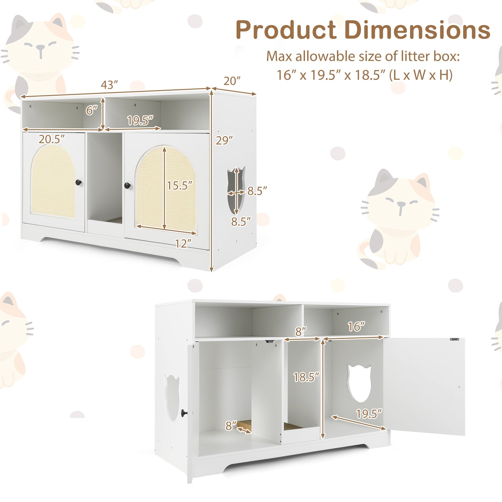 Cat Litter Box Enclosure 43-Inch Double Rooms Storage White - Detail Angle 5 | Majestic Pet Kingdom