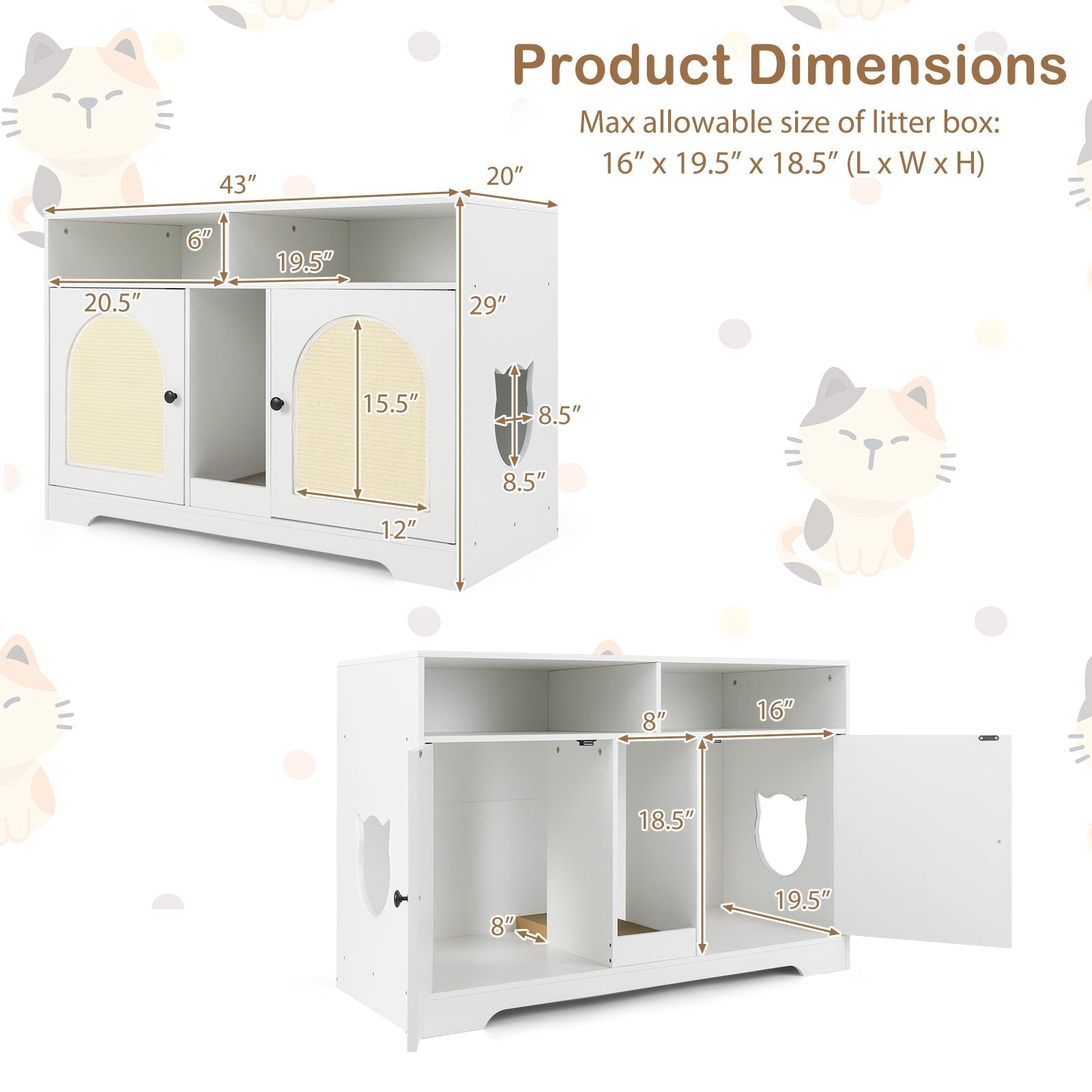43 Inches Cat Litter Box Enclosure with Storage and Double Rooms-White