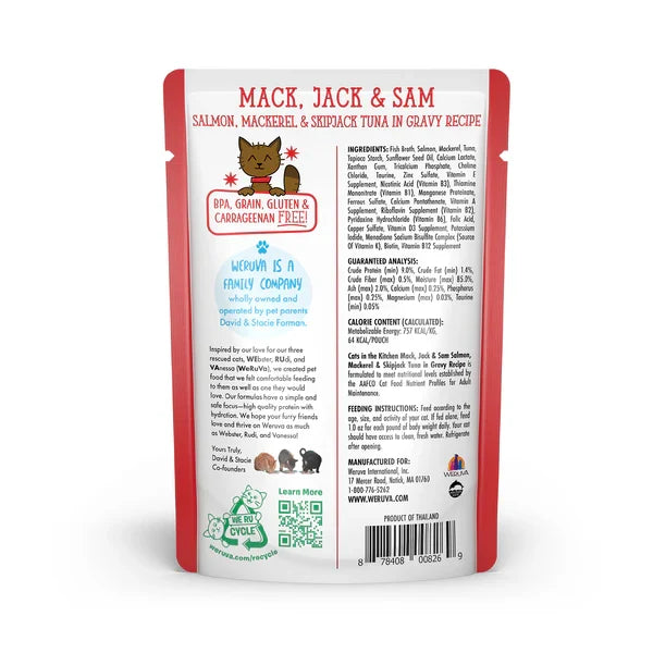 Cats in the Kitchen Mack, Jack and Sam Salmon, Mackerel & Skipjack Tuna in Gravy (3oz) - Majestic Pet Kingdom