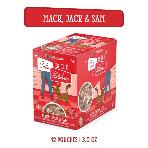 Cats in the Kitchen Mack, Jack and Sam Salmon, Mackerel & Skipjack Tuna in Gravy (3oz) - Majestic Pet Kingdom