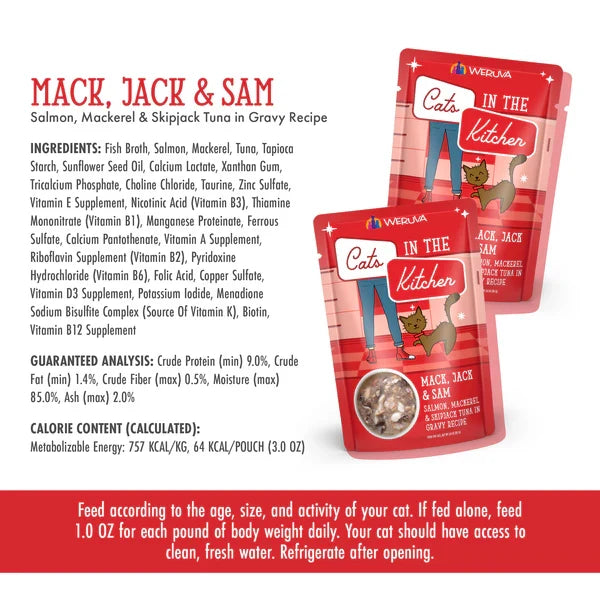 Cats in the Kitchen Mack, Jack and Sam Salmon, Mackerel & Skipjack Tuna in Gravy (3oz) - Majestic Pet Kingdom
