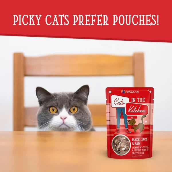 Cats in the Kitchen Mack, Jack and Sam Salmon, Mackerel & Skipjack Tuna in Gravy (3oz) - Majestic Pet Kingdom
