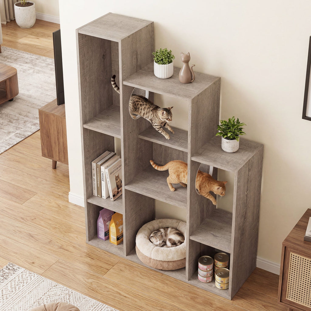 Modern Cat Bookshelf Cat Tree 8-Section Storage Cabinet with 2 Round Holes - Majestic Pet Kingdom