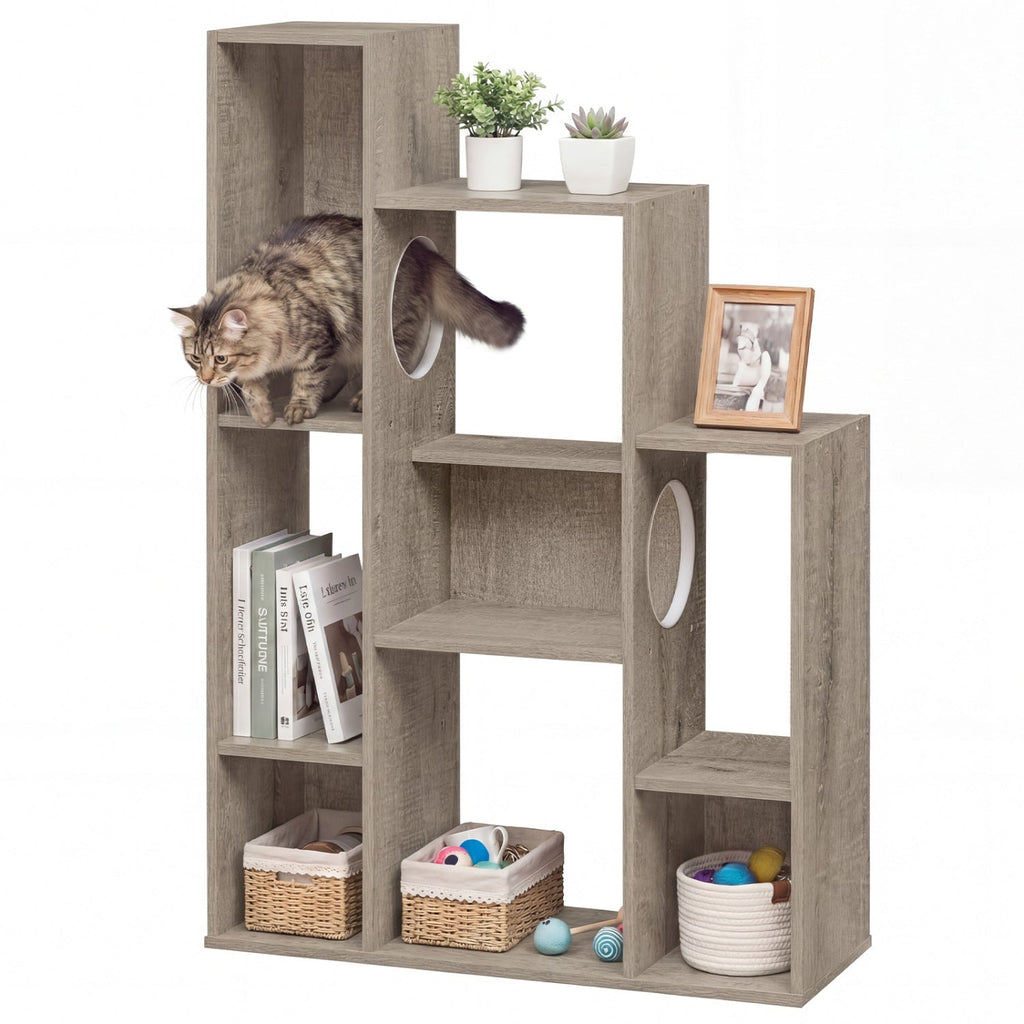 Modern Cat Bookshelf Cat Tree 8-Section Storage Cabinet with 2 Round Holes - Majestic Pet Kingdom