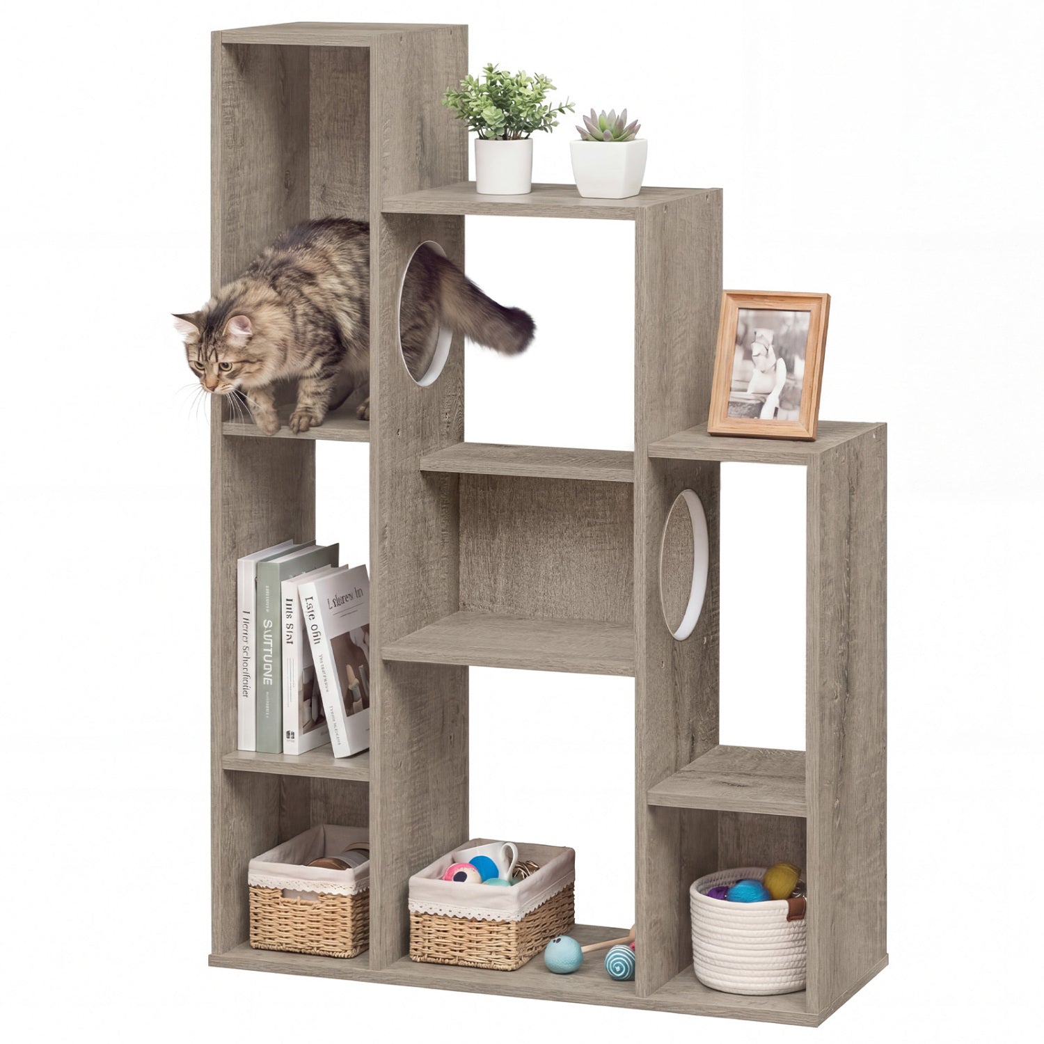 Modern Cat Bookshelf Cat Tree 8-Section Storage Cabinet with 2 Round Holes - Majestic Pet Kingdom