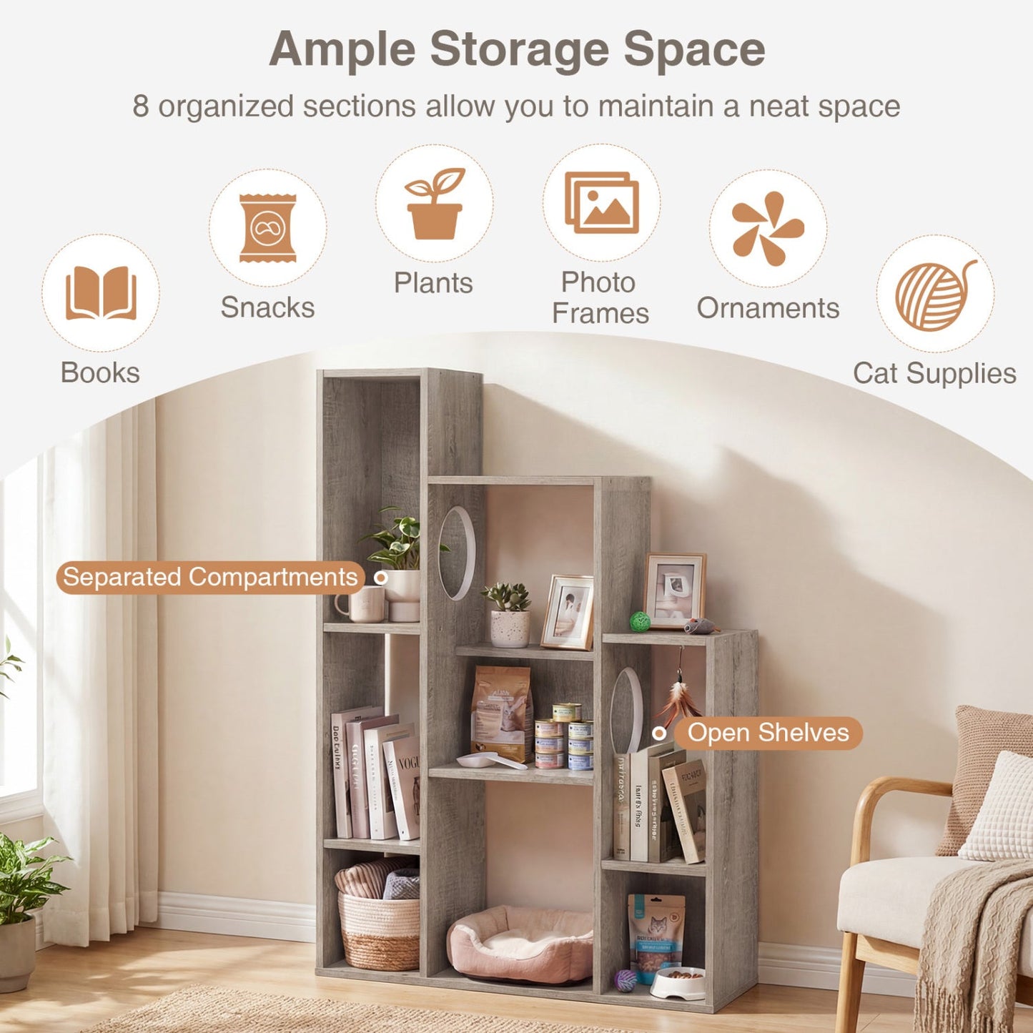 Modern Cat Bookshelf Cat Tree 8-Section Storage Cabinet with 2 Round Holes - Majestic Pet Kingdom