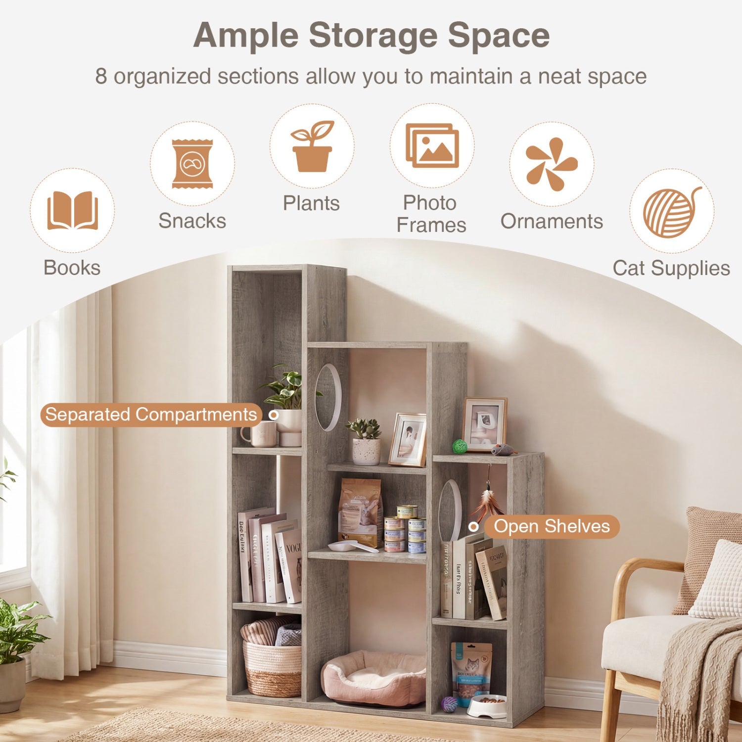 Modern Cat Bookshelf Cat Tree 8-Section Storage Cabinet with 2 Round Holes - Majestic Pet Kingdom