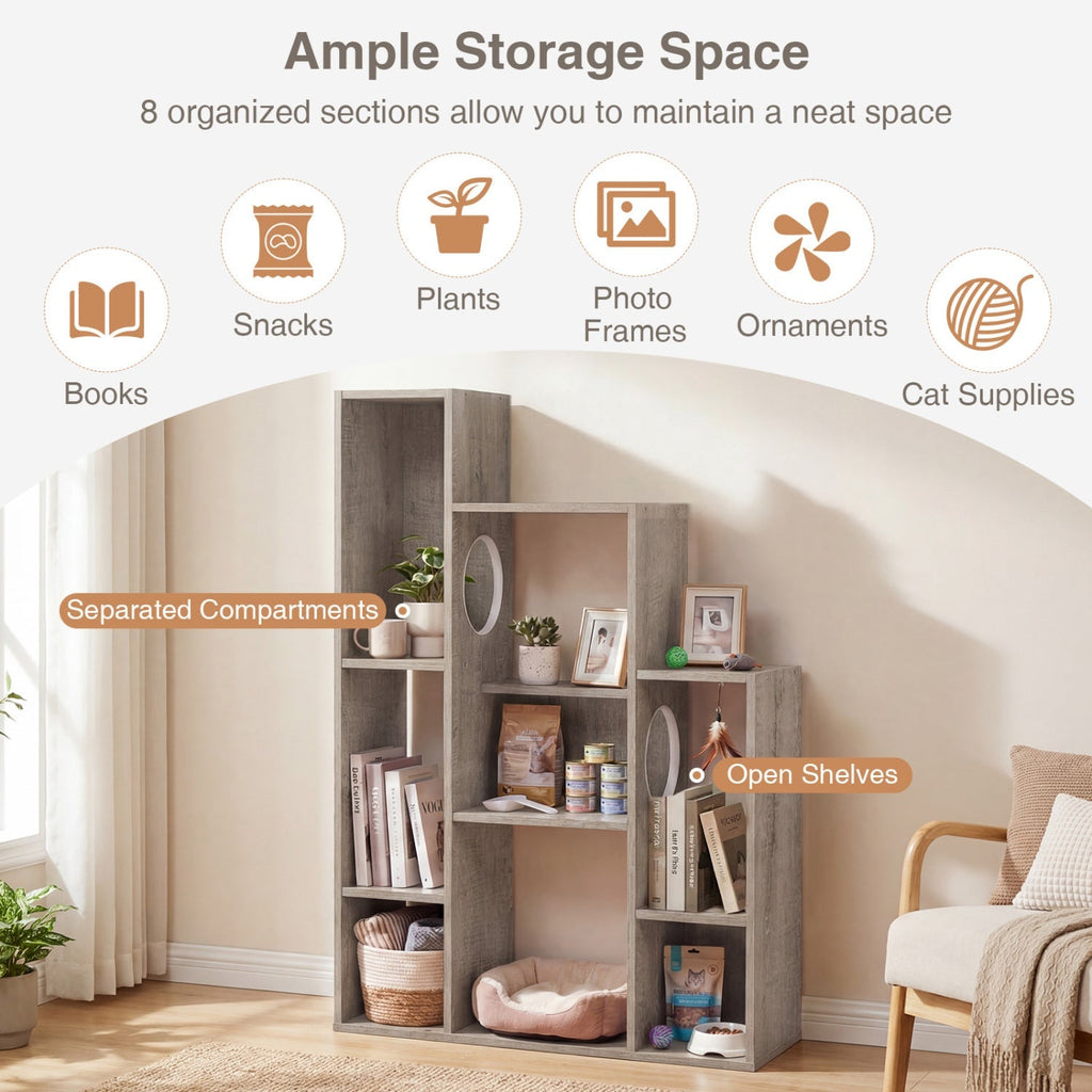 Modern Cat Bookshelf Cat Tree 8-Section Storage Cabinet with 2 Round Holes - Majestic Pet Kingdom