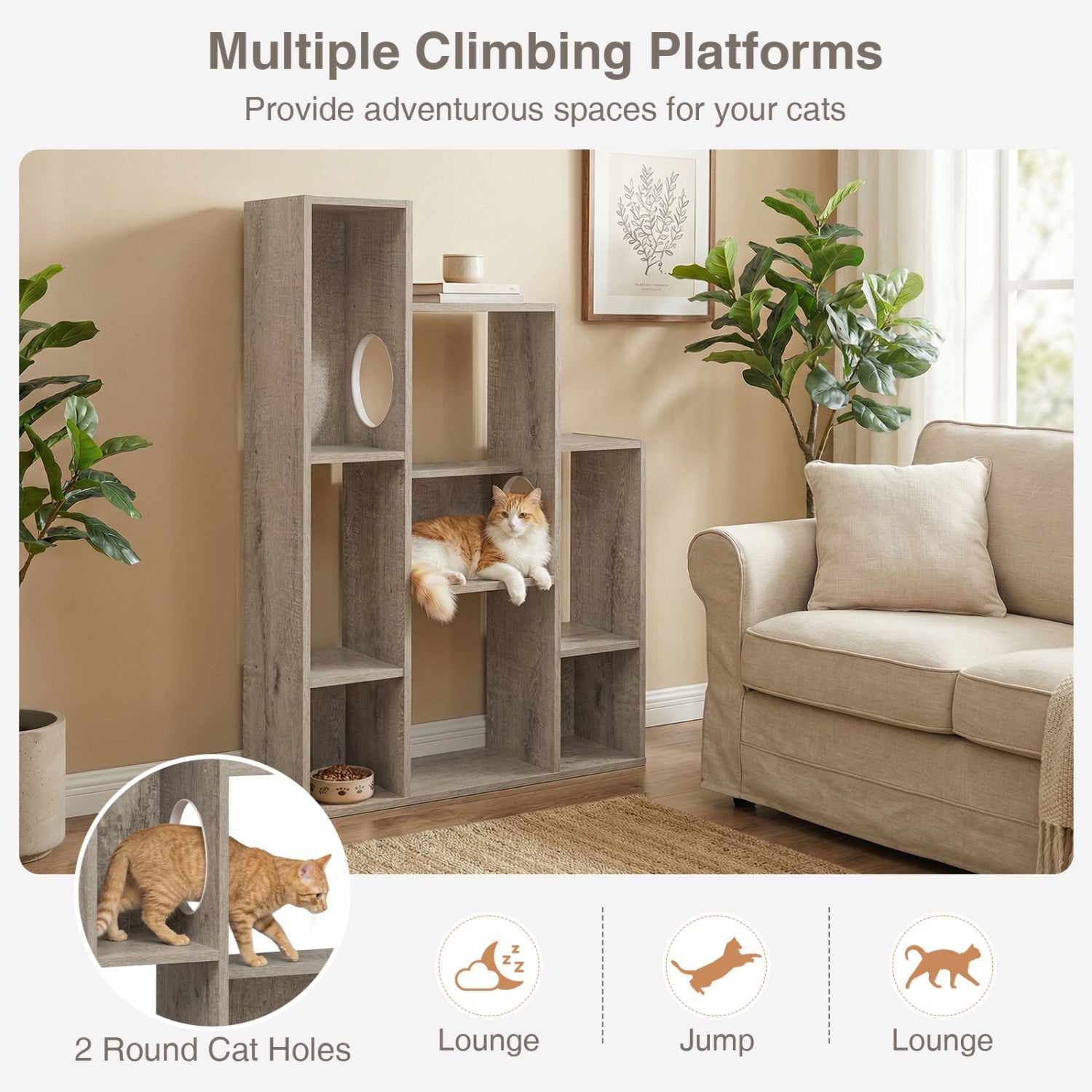 Modern Cat Bookshelf Cat Tree 8-Section Storage Cabinet with 2 Round Holes - Majestic Pet Kingdom