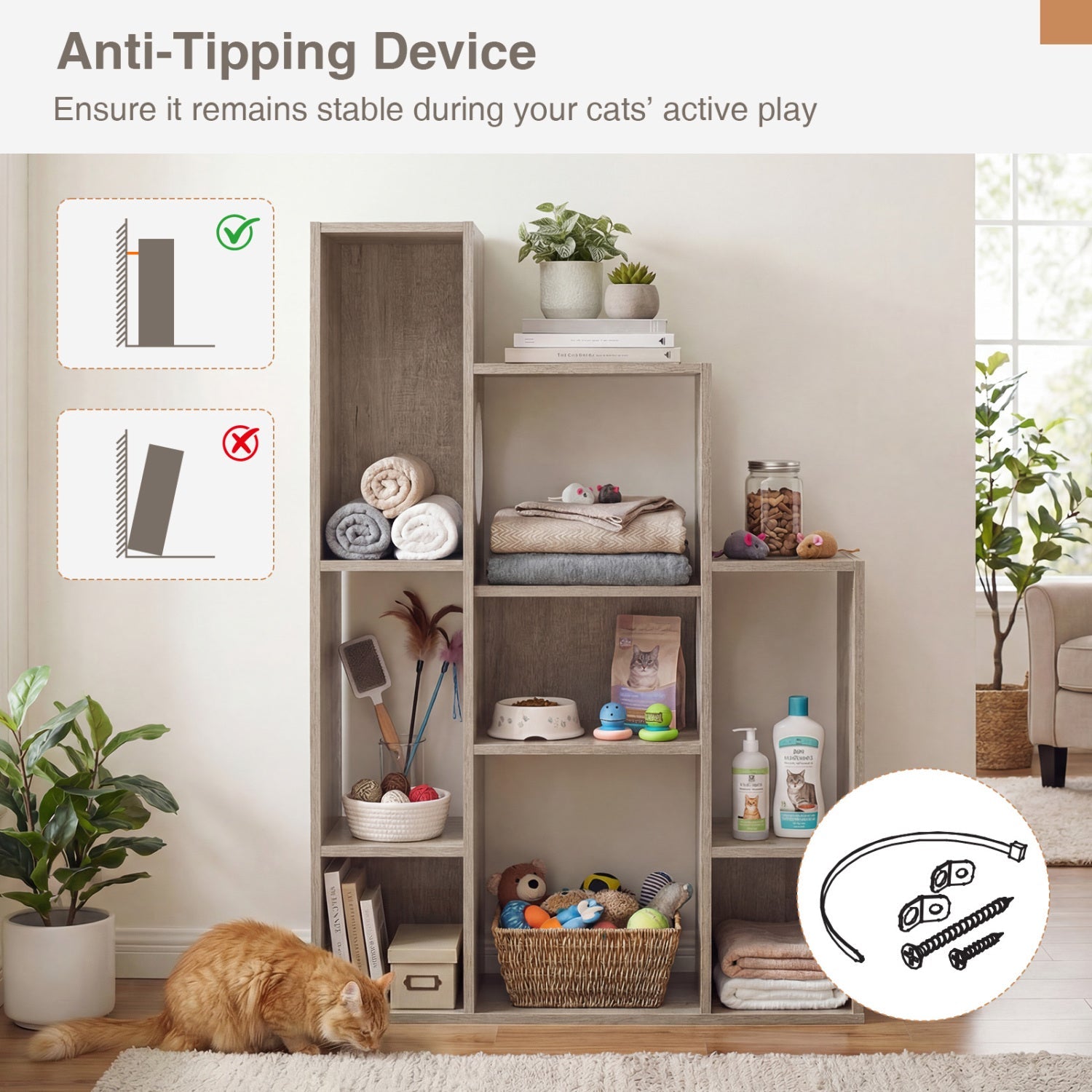Modern Cat Bookshelf Cat Tree 8-Section Storage Cabinet with 2 Round Holes - Majestic Pet Kingdom