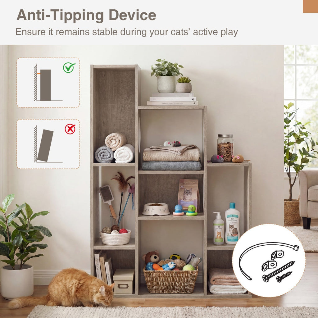 Modern Cat Bookshelf Cat Tree 8-Section Storage Cabinet with 2 Round Holes - Majestic Pet Kingdom