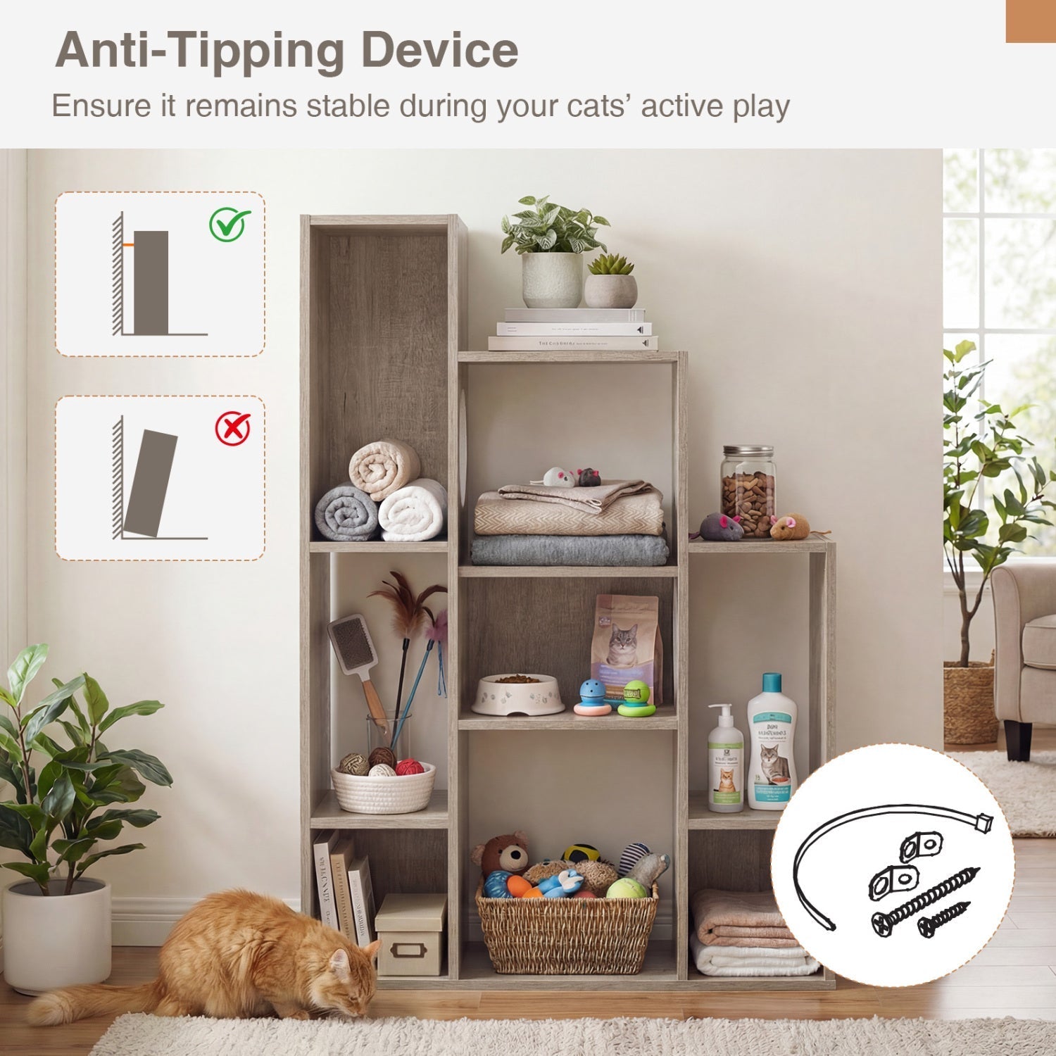 Modern Cat Bookshelf Cat Tree 8-Section Storage Cabinet with 2 Round Holes - Majestic Pet Kingdom