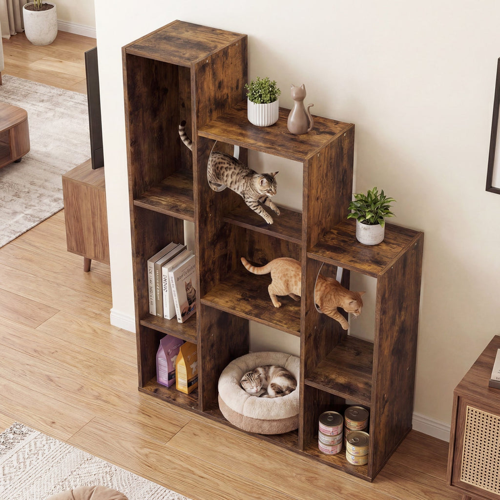 Modern Cat Bookshelf Cat Tree 8-Section Storage Cabinet with 2 Round Holes - Majestic Pet Kingdom