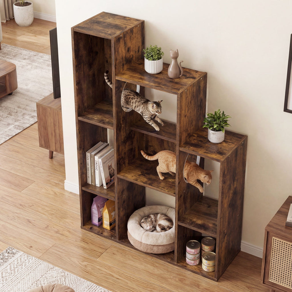 Modern Cat Bookshelf Cat Tree 8-Section Storage Cabinet with 2 Round Holes - Majestic Pet Kingdom
