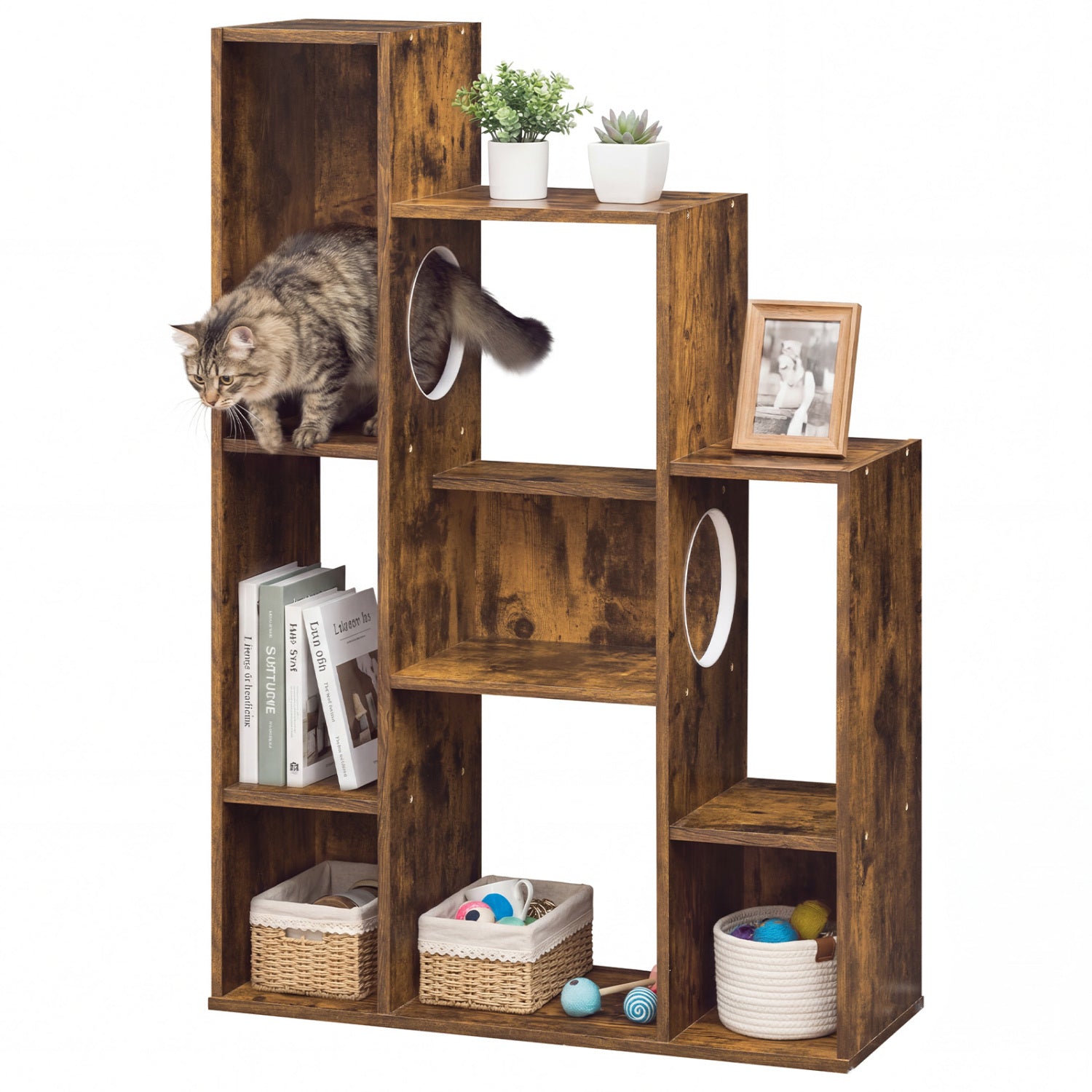 Modern Cat Bookshelf Cat Tree 8-Section Storage Cabinet with 2 Round Holes - Majestic Pet Kingdom