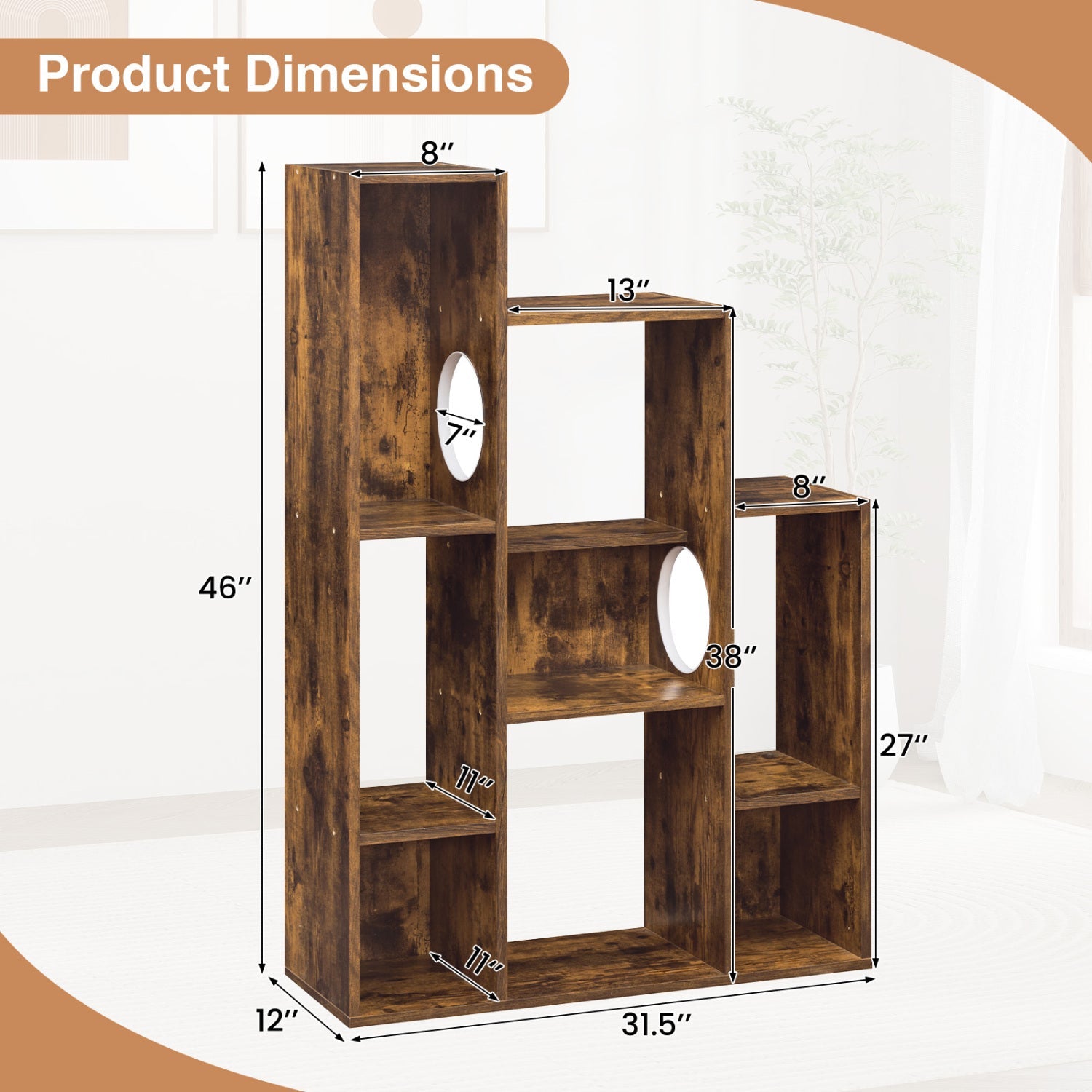 Modern Cat Bookshelf Cat Tree 8-Section Storage Cabinet with 2 Round Holes - Majestic Pet Kingdom