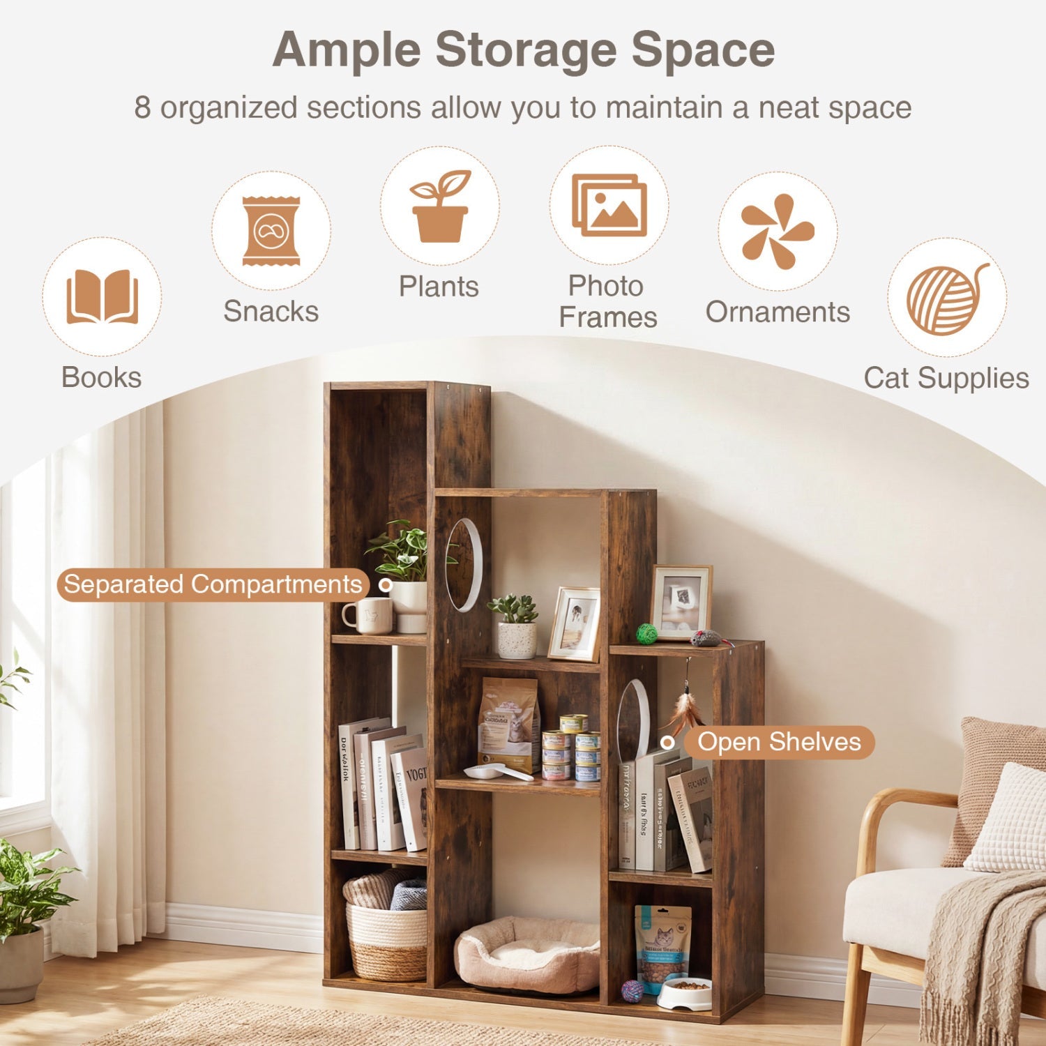 Modern Cat Bookshelf Cat Tree 8-Section Storage Cabinet with 2 Round Holes - Majestic Pet Kingdom