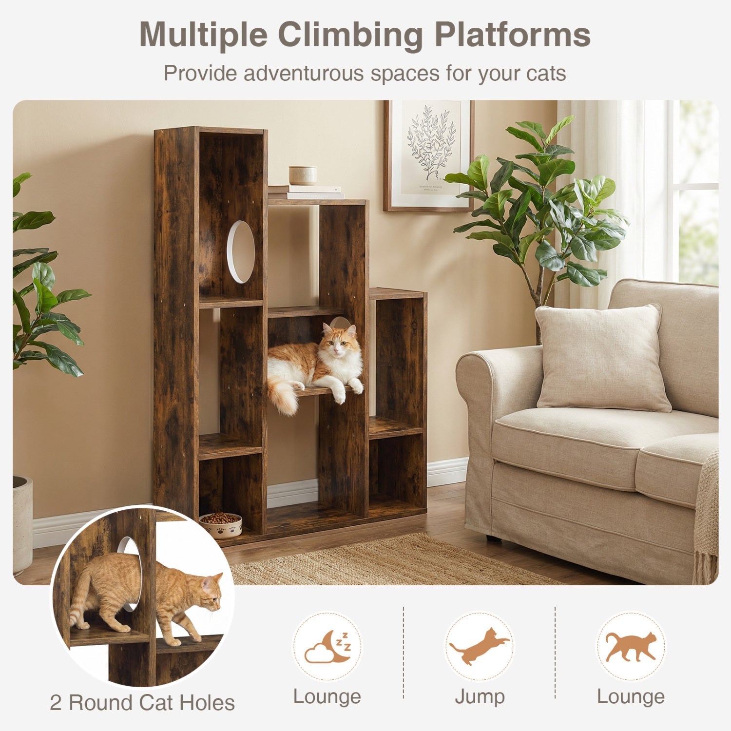 Modern Cat Bookshelf Cat Tree 8-Section Storage Cabinet with 2 Round Holes - Majestic Pet Kingdom