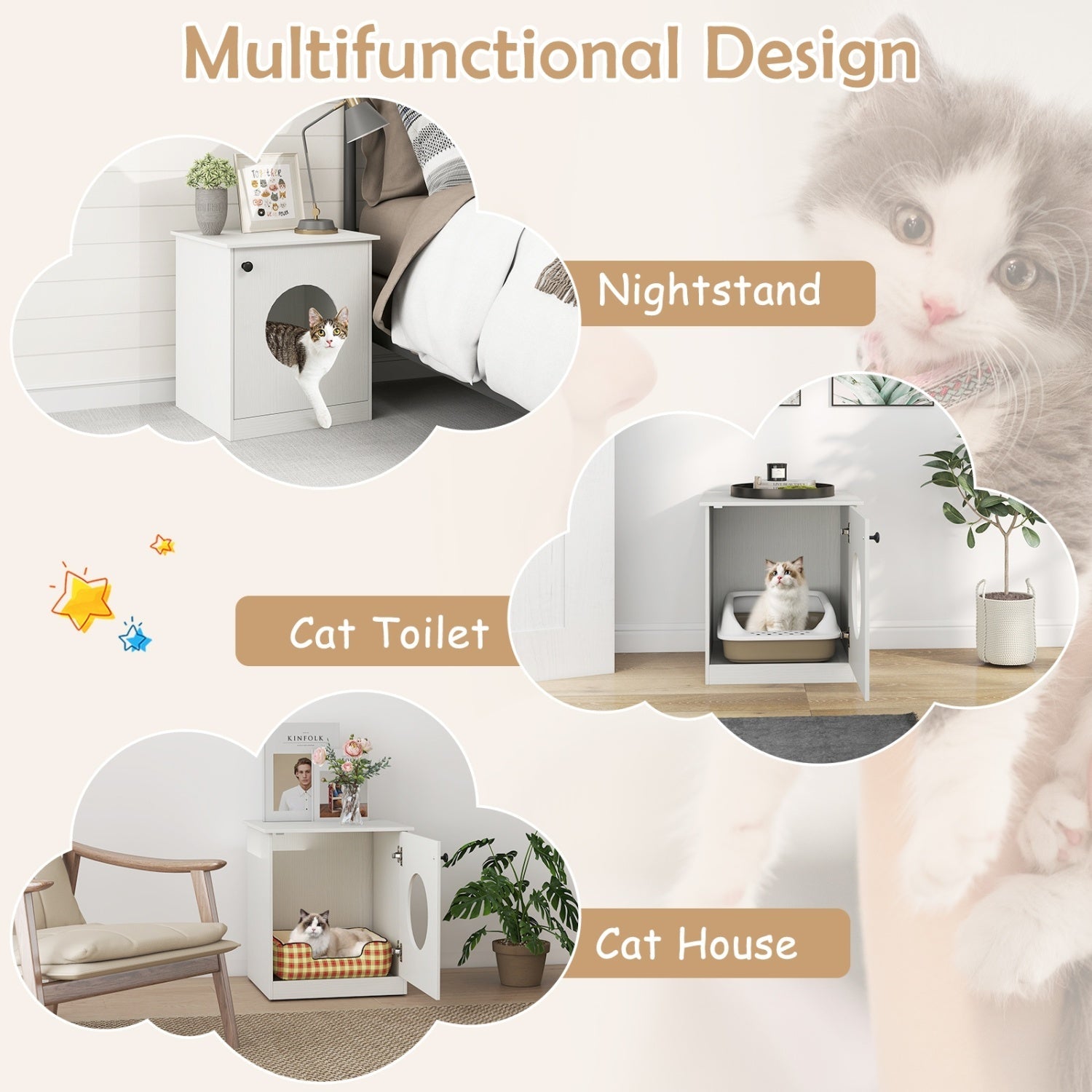 Cat Litter Box Enclosure with Nightstand Top - White