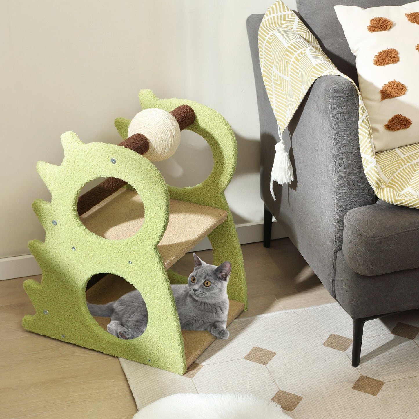 2-Tier Modern Cat Tree for Indoor Cats with Rotatable Sisal Scratching Ball-Green | Purrfect Pet Kingdom