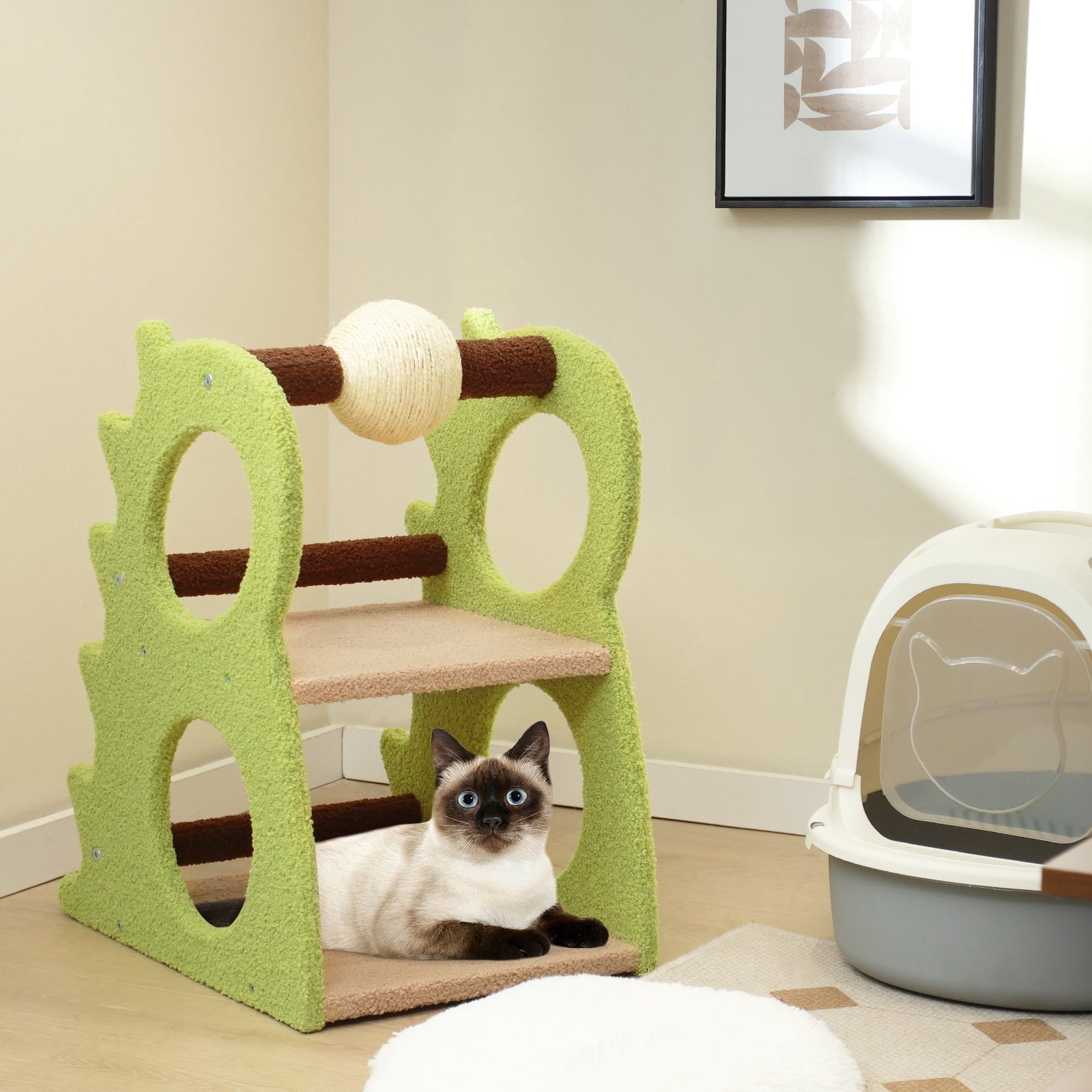 2-Tier Modern Cat Tree for Indoor Cats with Rotatable Sisal Scratching Ball-Green | Purrfect Pet Kingdom