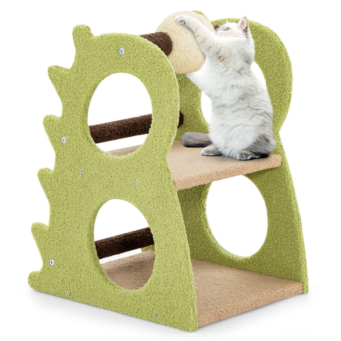 2-Tier Modern Cat Tree for Indoor Cats with Rotatable Sisal Scratching Ball-Green | Purrfect Pet Kingdom