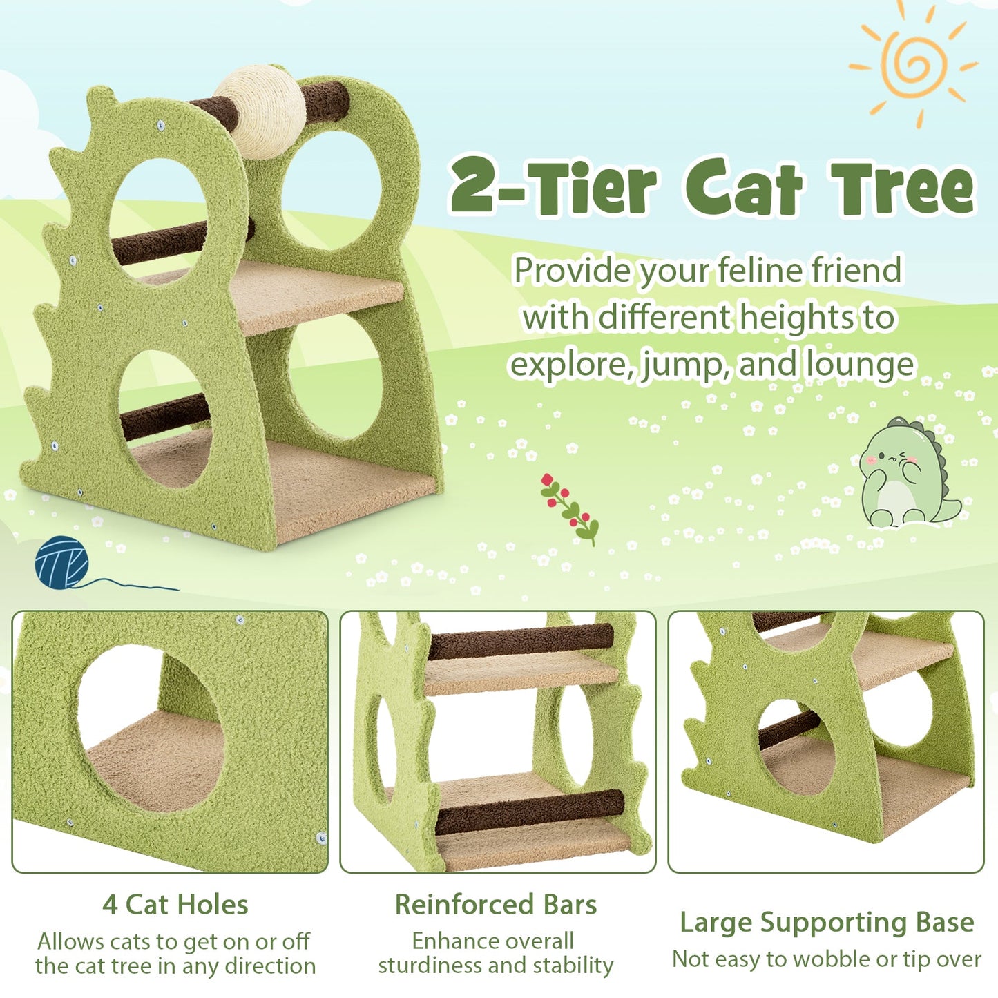 2-Tier Modern Cat Tree for Indoor Cats with Rotatable Sisal Scratching Ball-Green | Purrfect Pet Kingdom