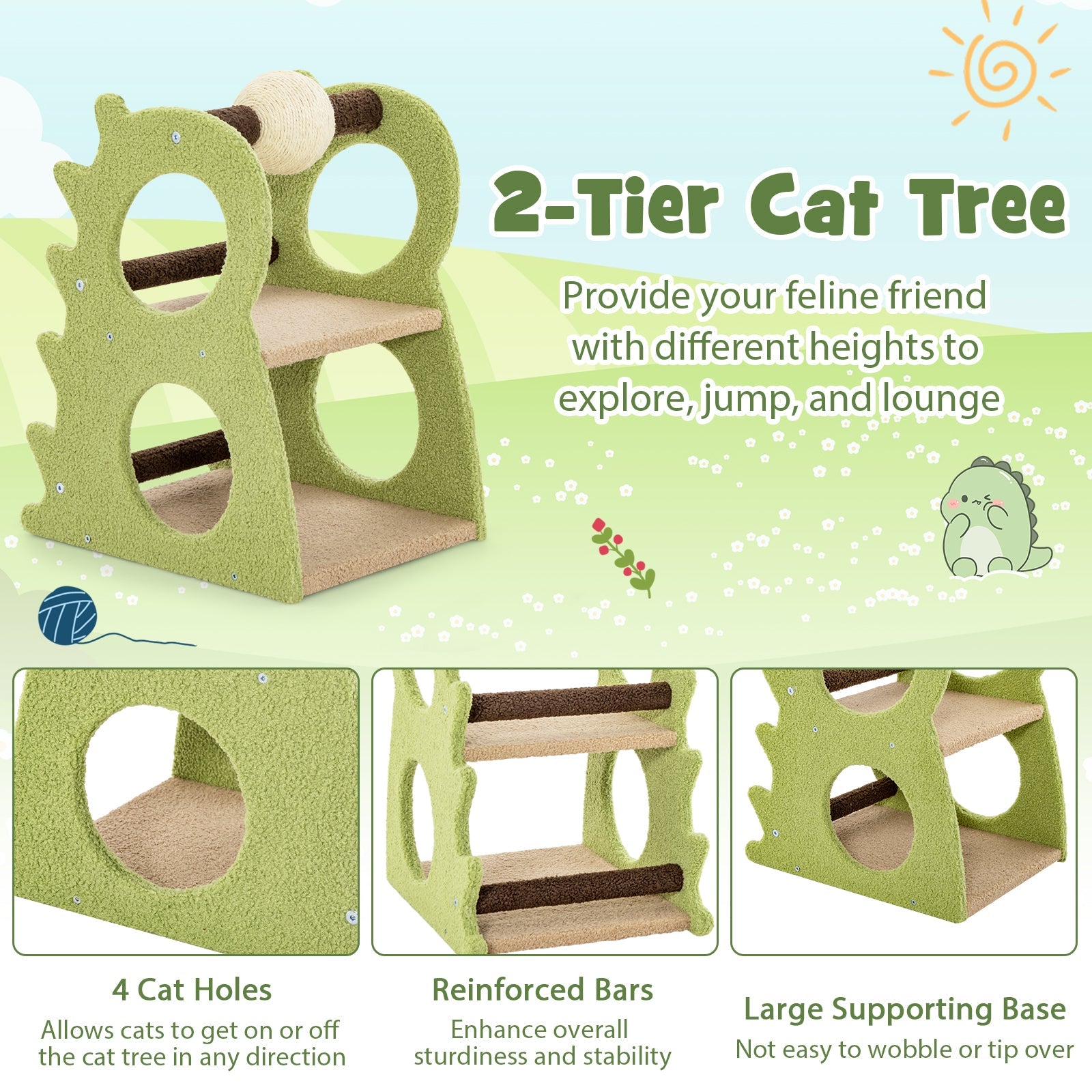 2-Tier Modern Cat Tree for Indoor Cats with Rotatable Sisal Scratching Ball-Green | Purrfect Pet Kingdom