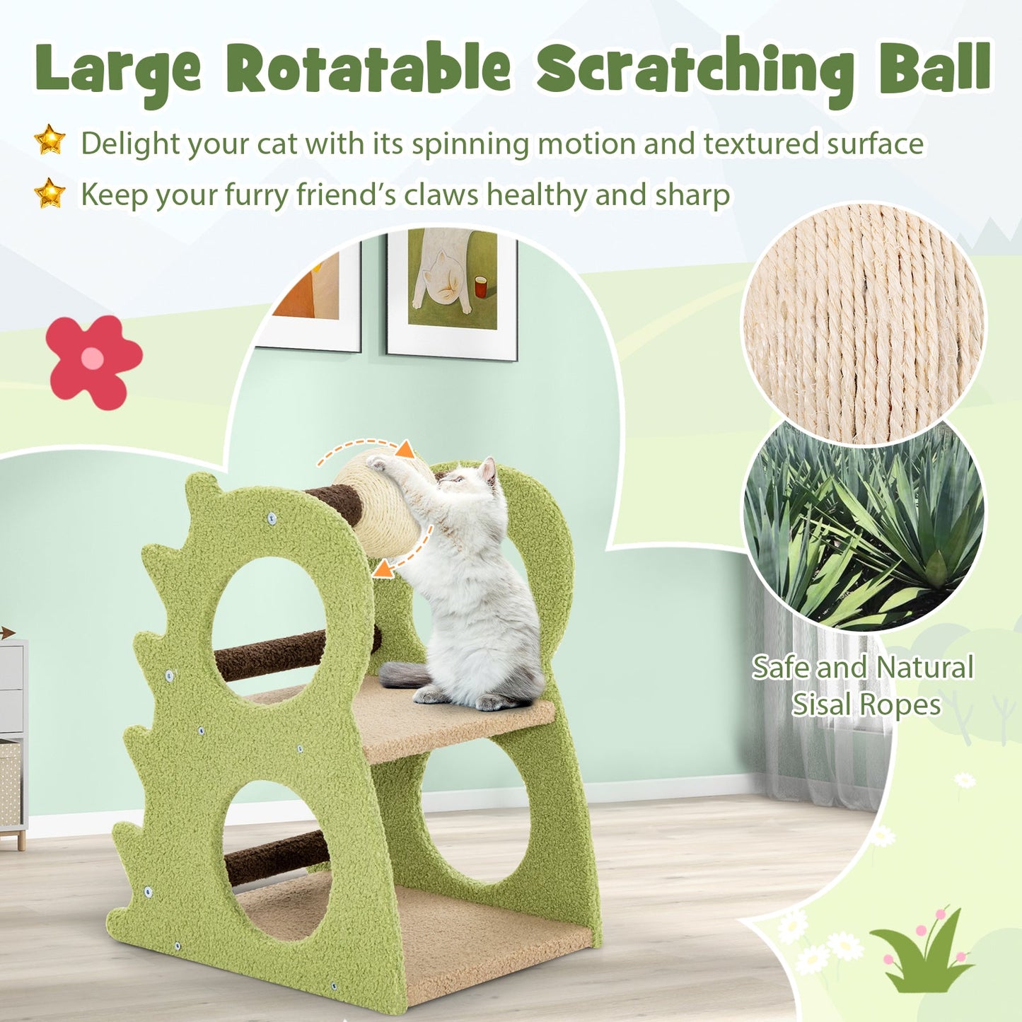 2-Tier Modern Cat Tree for Indoor Cats with Rotatable Sisal Scratching Ball-Green | Purrfect Pet Kingdom