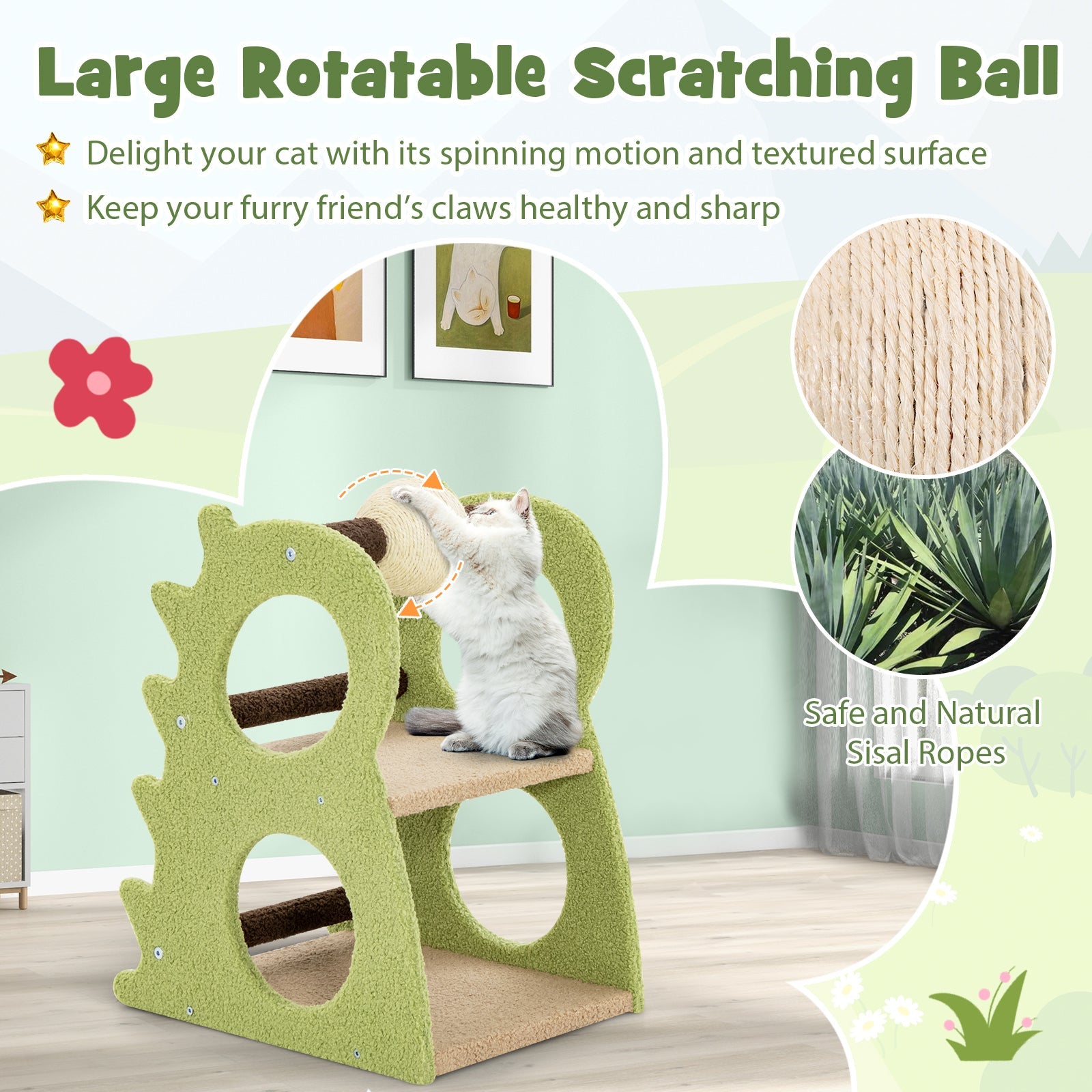 2-Tier Modern Cat Tree for Indoor Cats with Rotatable Sisal Scratching Ball-Green | Purrfect Pet Kingdom