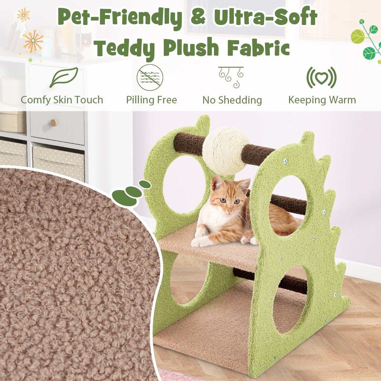 2-Tier Modern Cat Tree for Indoor Cats with Rotatable Sisal Scratching Ball-Green | Purrfect Pet Kingdom