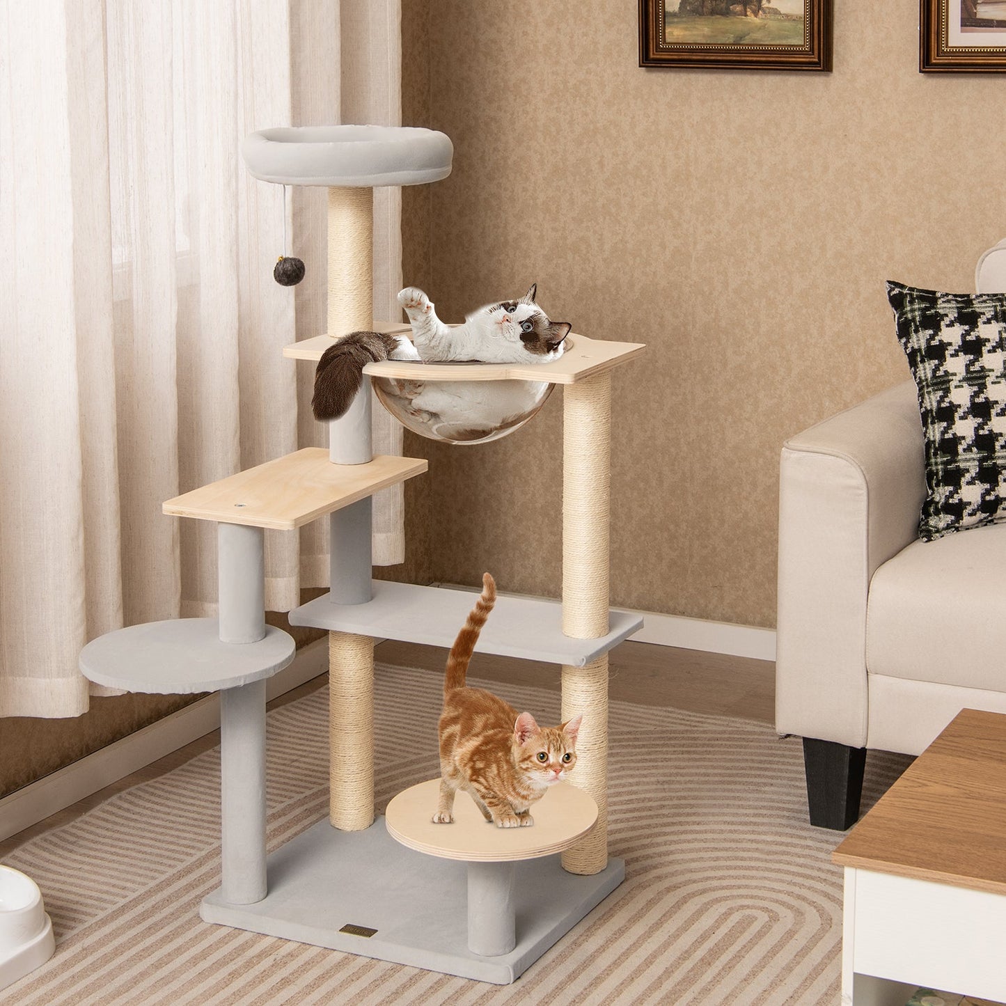 Modern Cat Tree 44 Inch Multi-level Cat Tower with Removable Padded Top Perch-Natural - Majestic Pet Kingdom